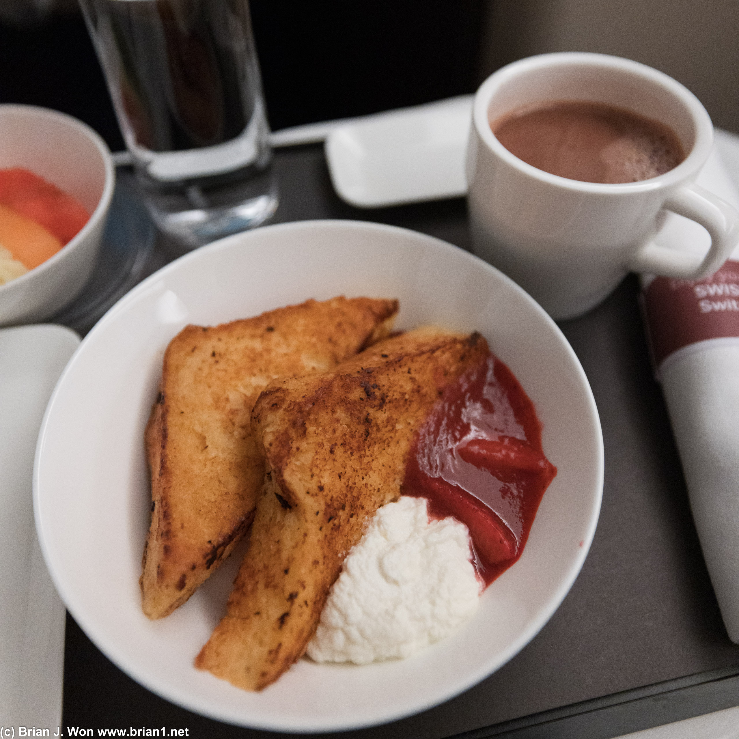 Pretty french toast for breakfast on SWISS Air. Taste sadly did not match its looks. But the hot chocolate was good.