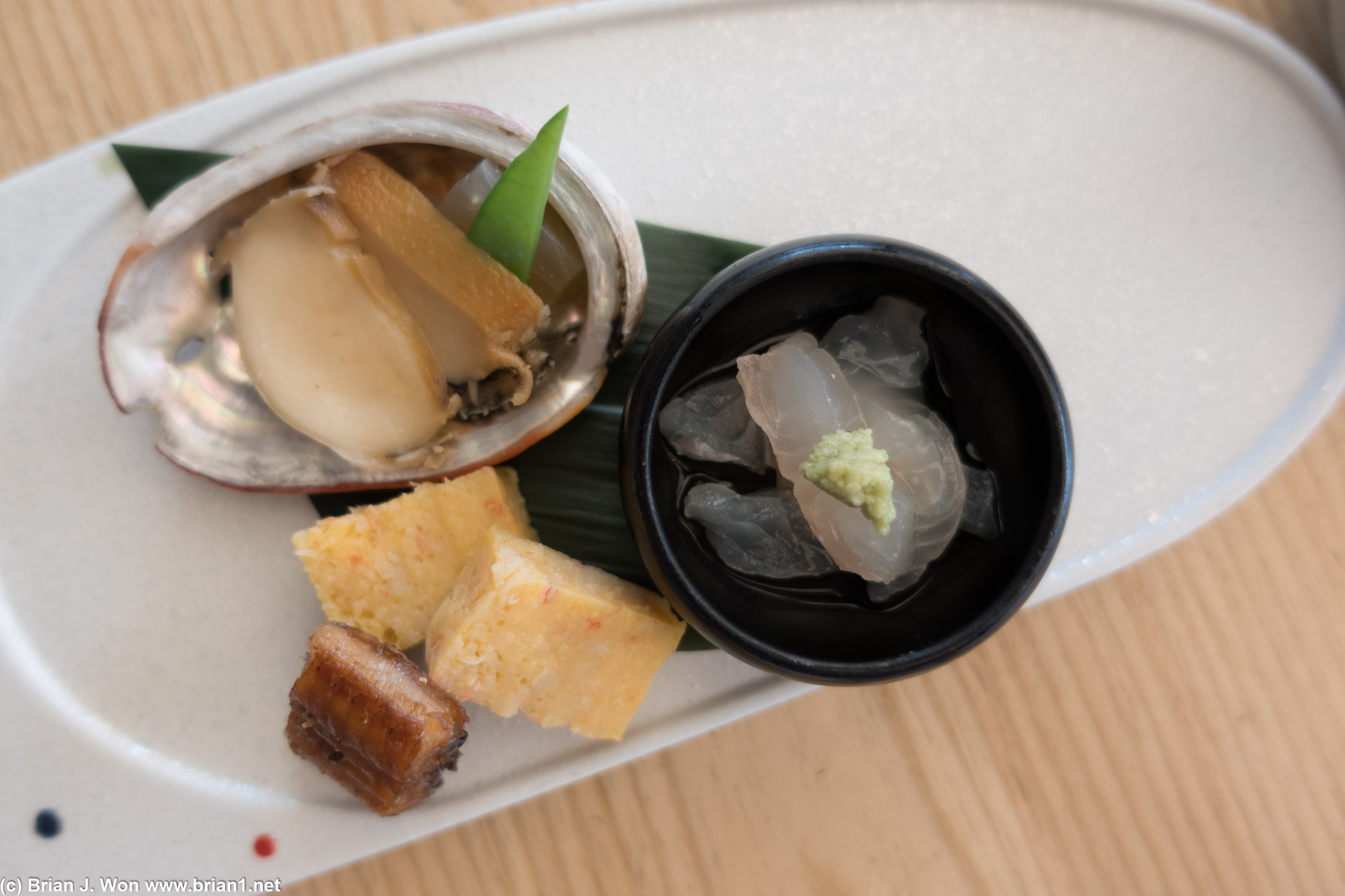 Abalone, unagi and tamago with snow crab, smoked halibut.