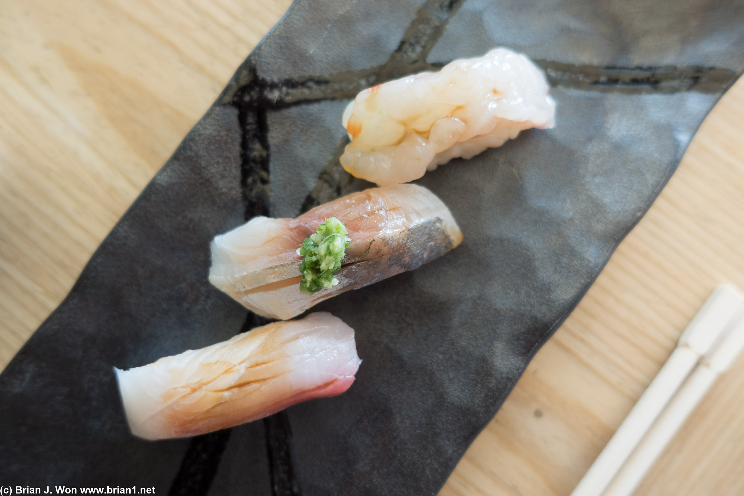 L to R: kanpachi (amberjack), aji (Spanish mackerel), botan ebi marinated in kelp (live sweet shrimp).