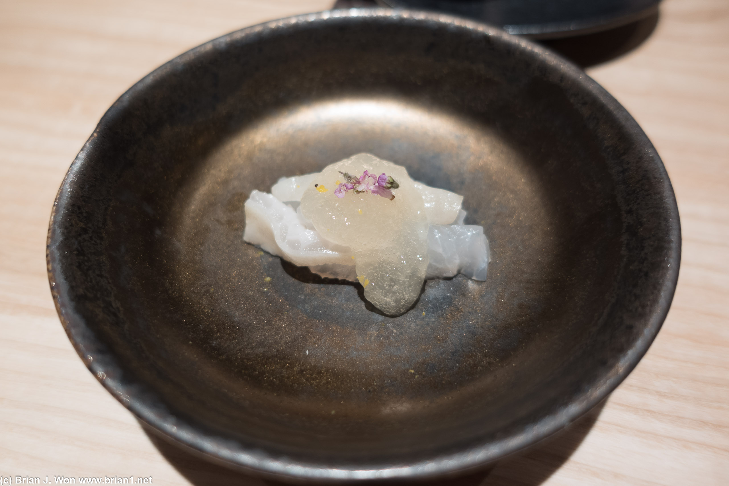 East coast hirame (halibut) sashimi, yuzu zest.