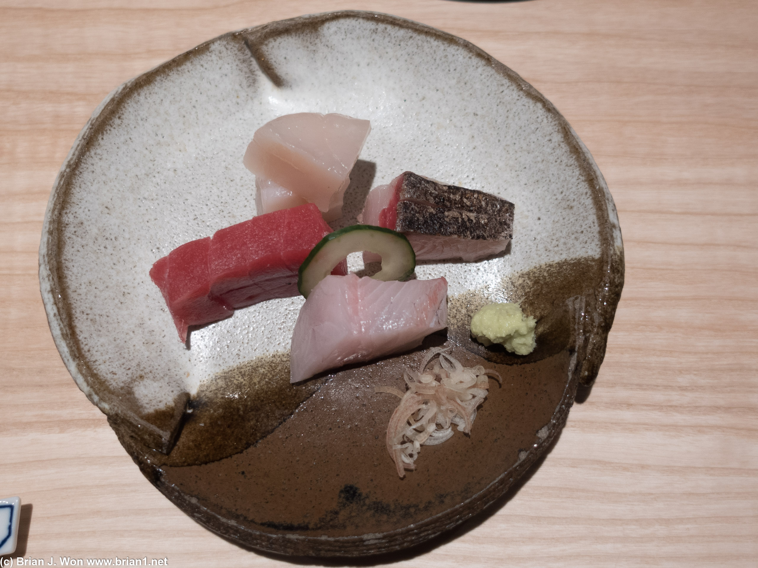 Sashimi assortment, North Carolina akami (bluefin tuna), Japanese hotate, king mackerel, kanpachi.