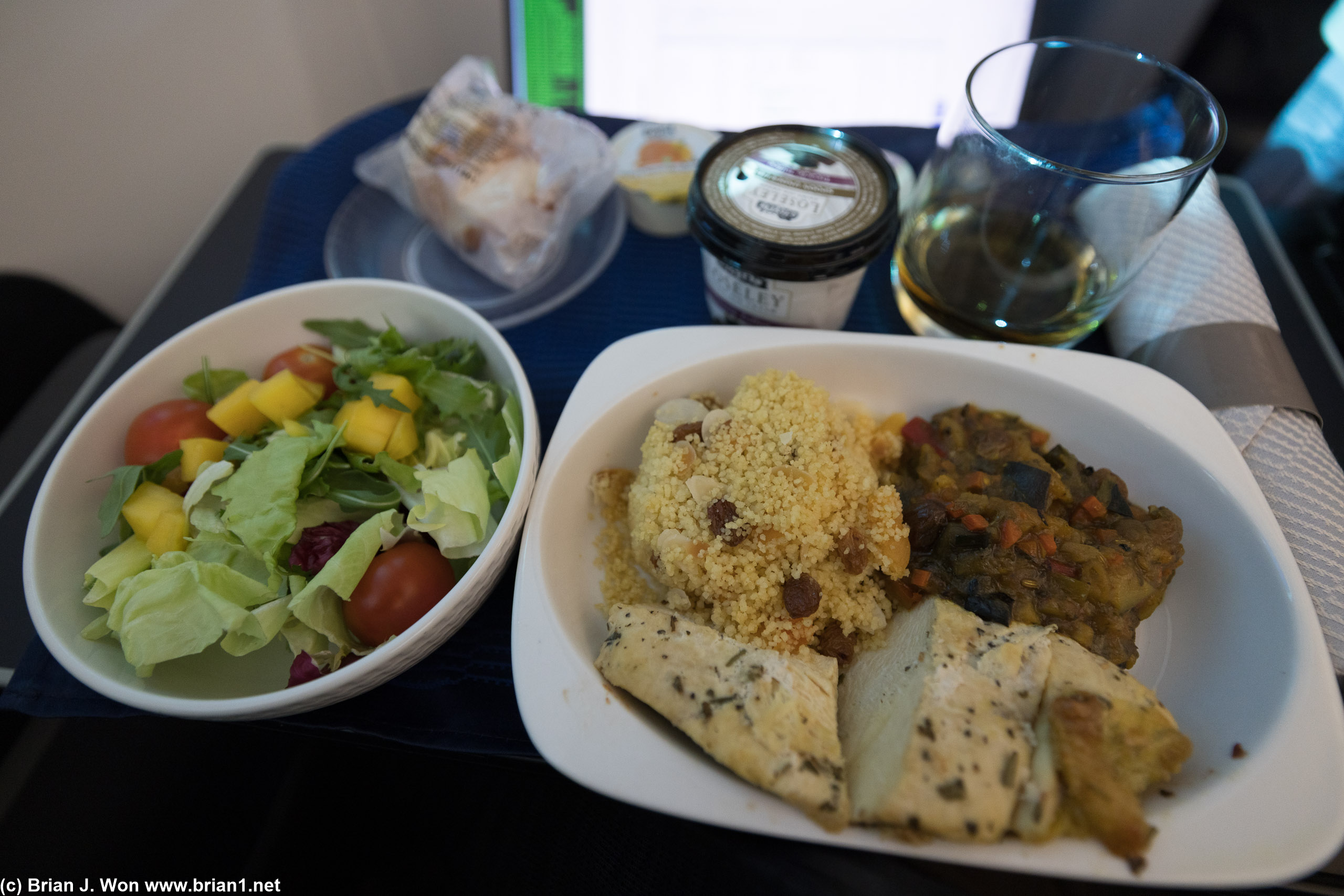 Eggplant and (kind of) dry chicken along with some Glenfarclas 12 on MUC-SFO.