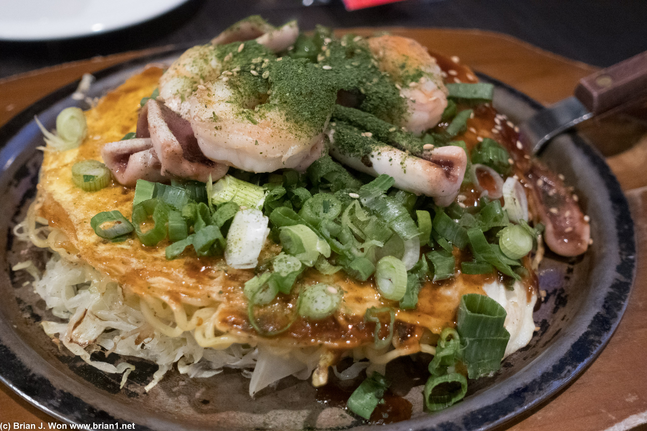 Crispy noodle style okonomiyaki.