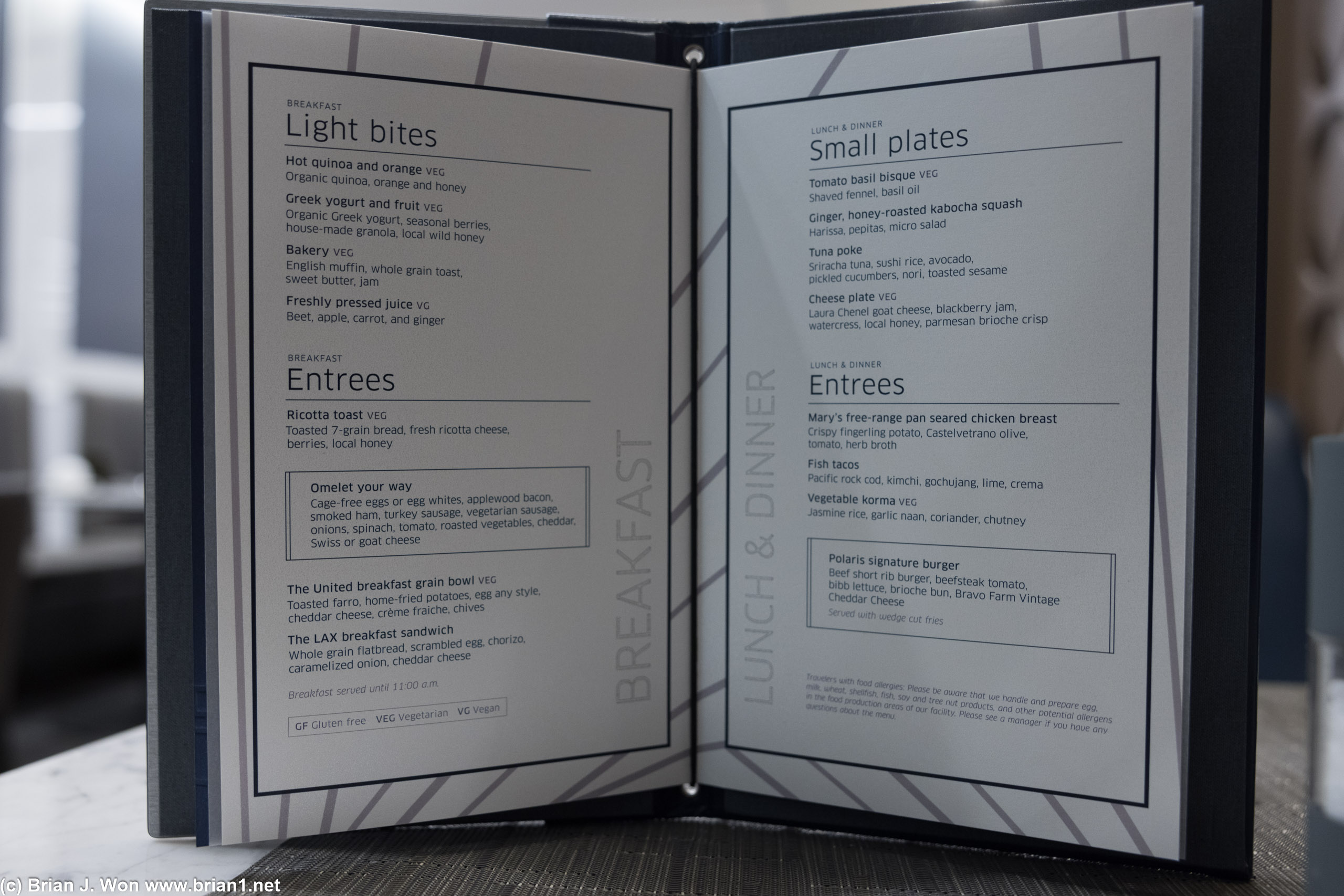 Dining room menu at United Polaris Lounge, LAX.