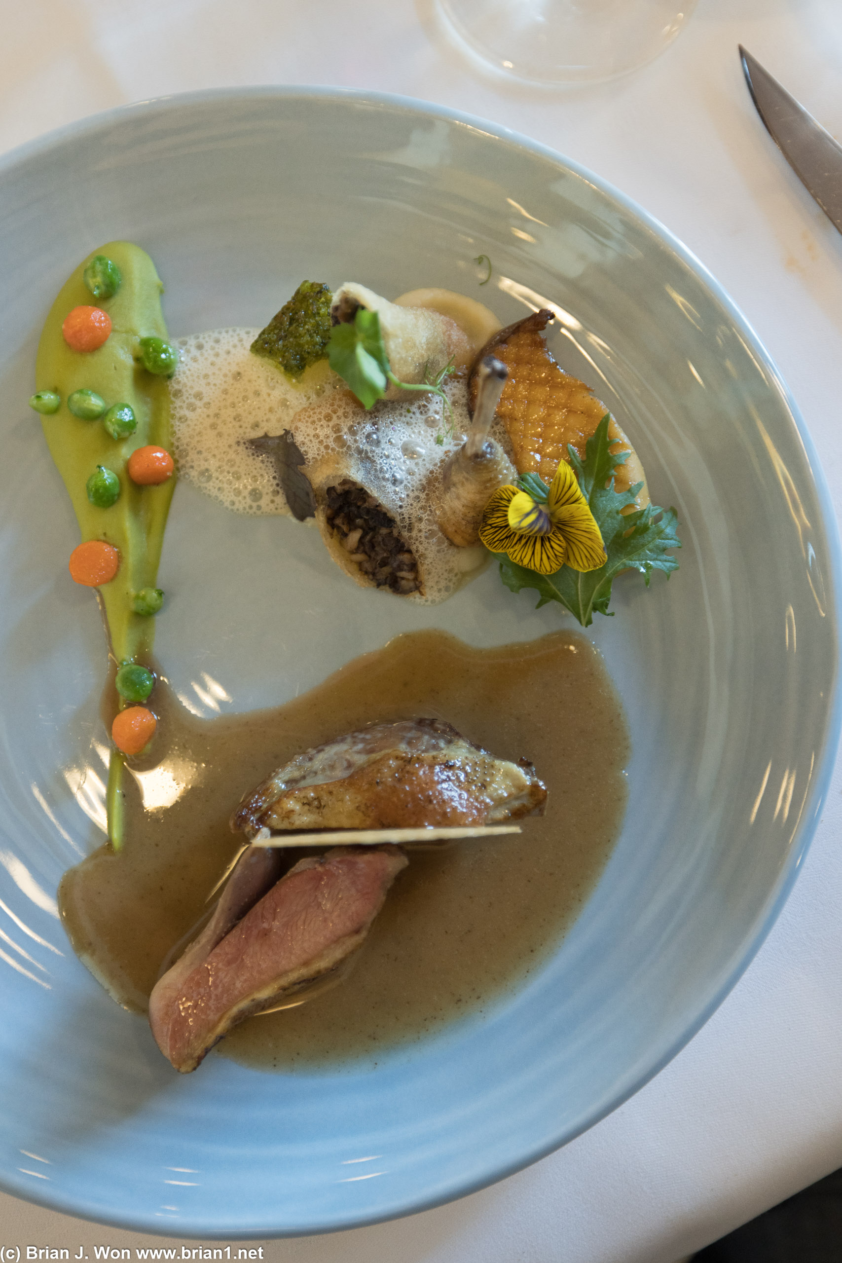 Eneour pigeon, crunchy eryngll with roasted honey, pea puree with wasabi, cep foam.