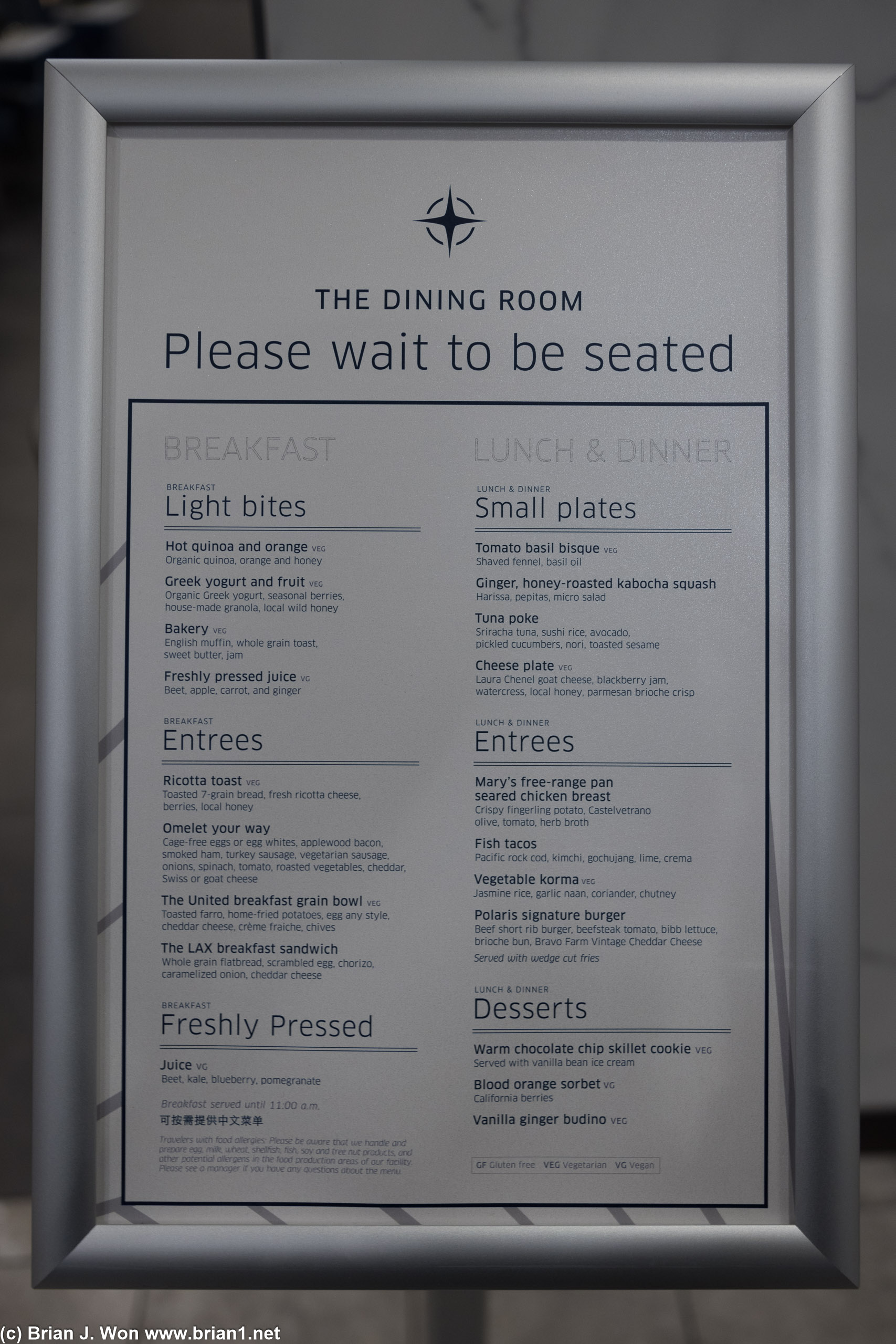 Polaris Dining Room menu at LAX.