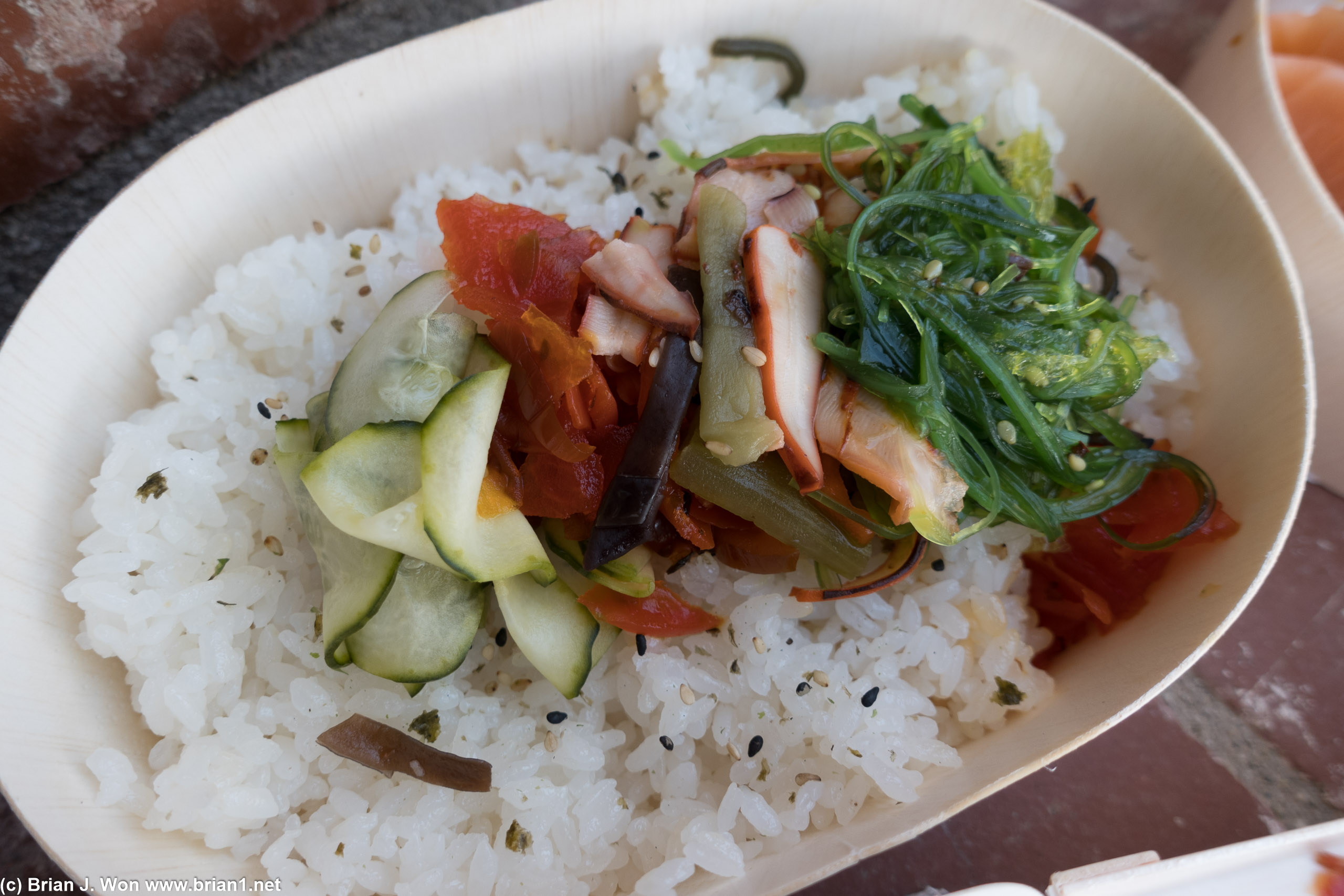 Rice with cucumber, seaweed, and tako for the chirashi.