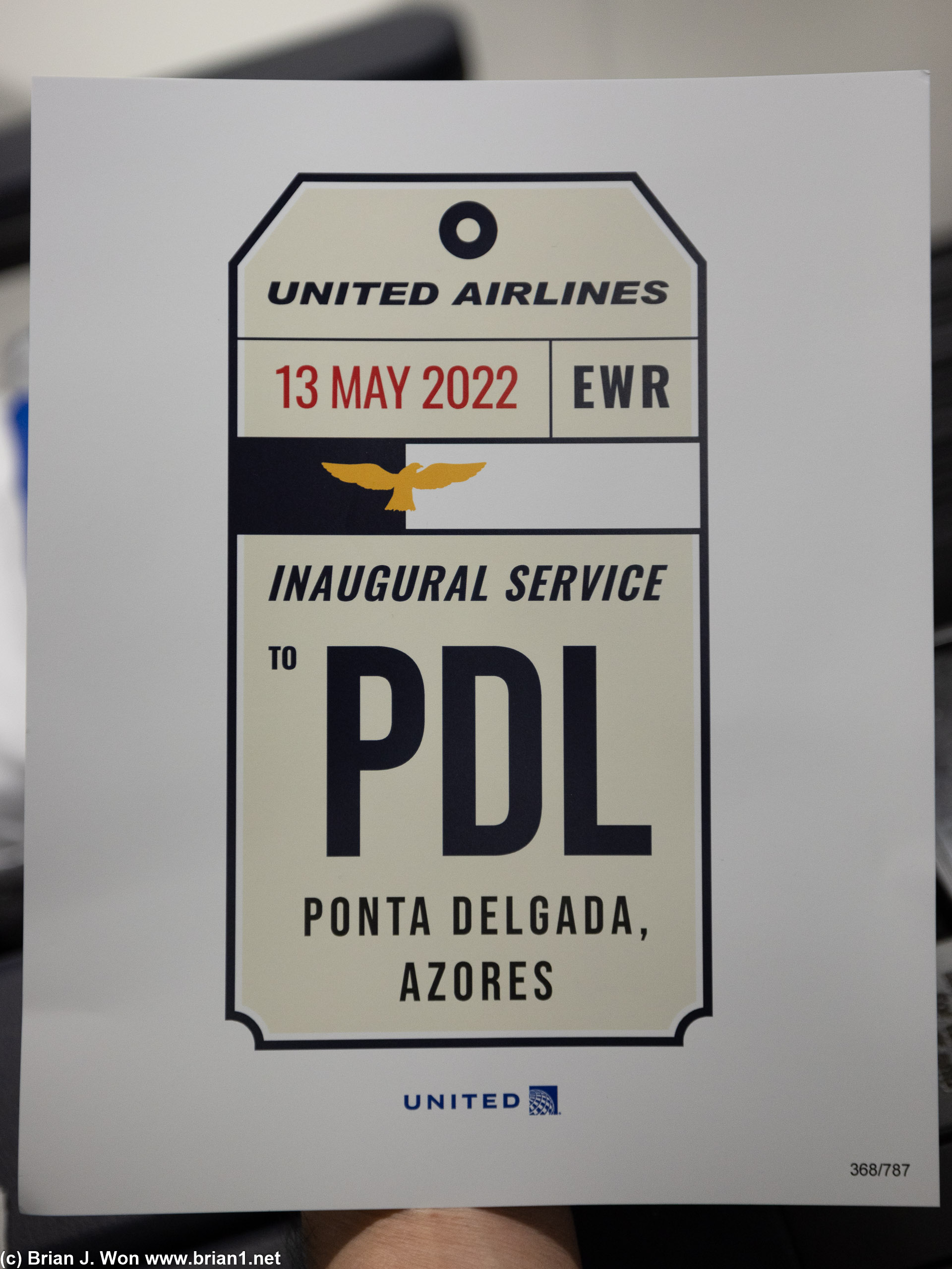 Inaugural service from Newark, NJ to Ponta Delgada, Azores, Spain.