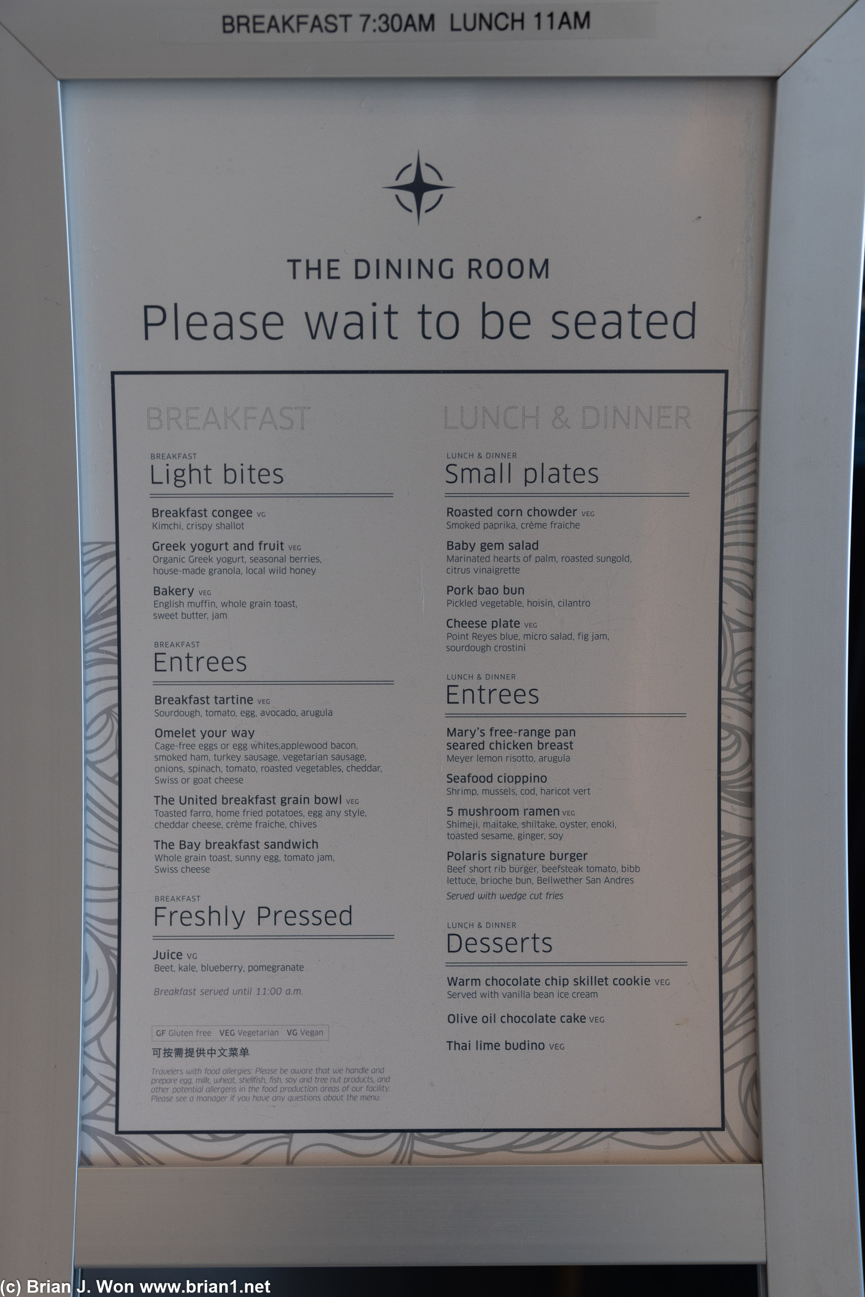 Polaris Dining Room menu at SFO.