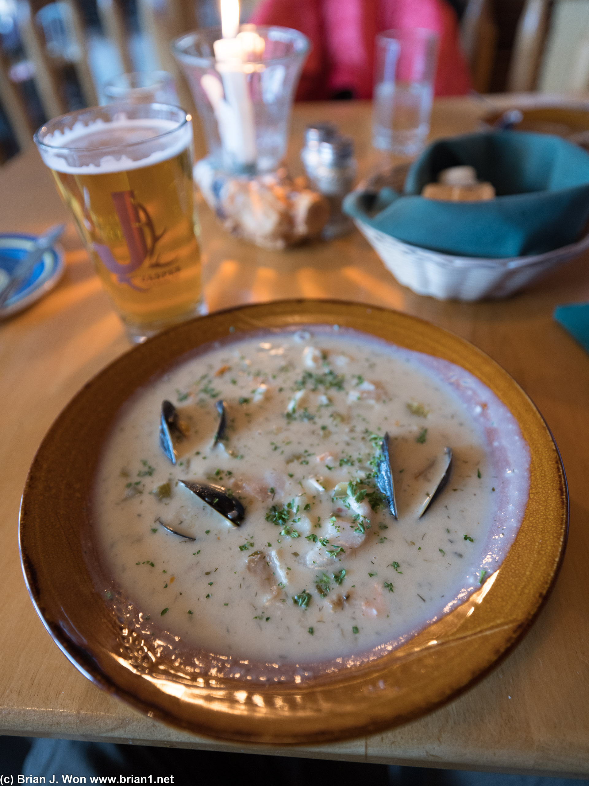 Jasper Brewing Co. Crisp Pils with the smoked seafood chowder.