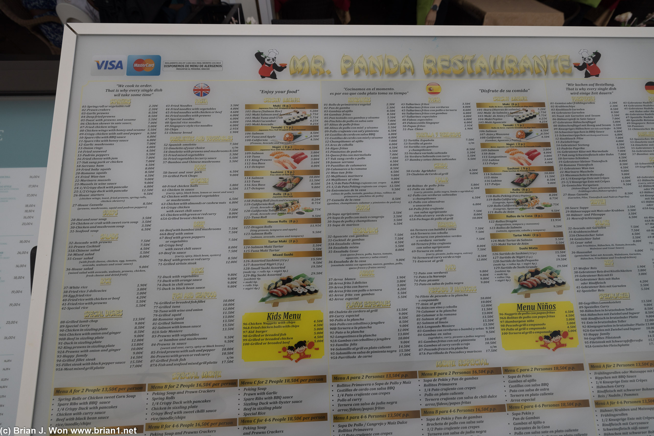 The menu at Mr. Panda.