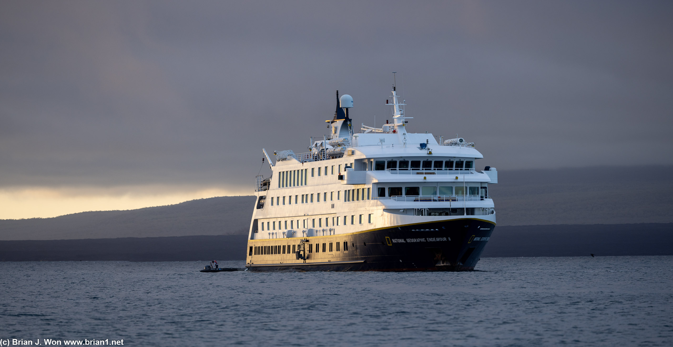 Sunset shines on the National Geographic Endeavour II.