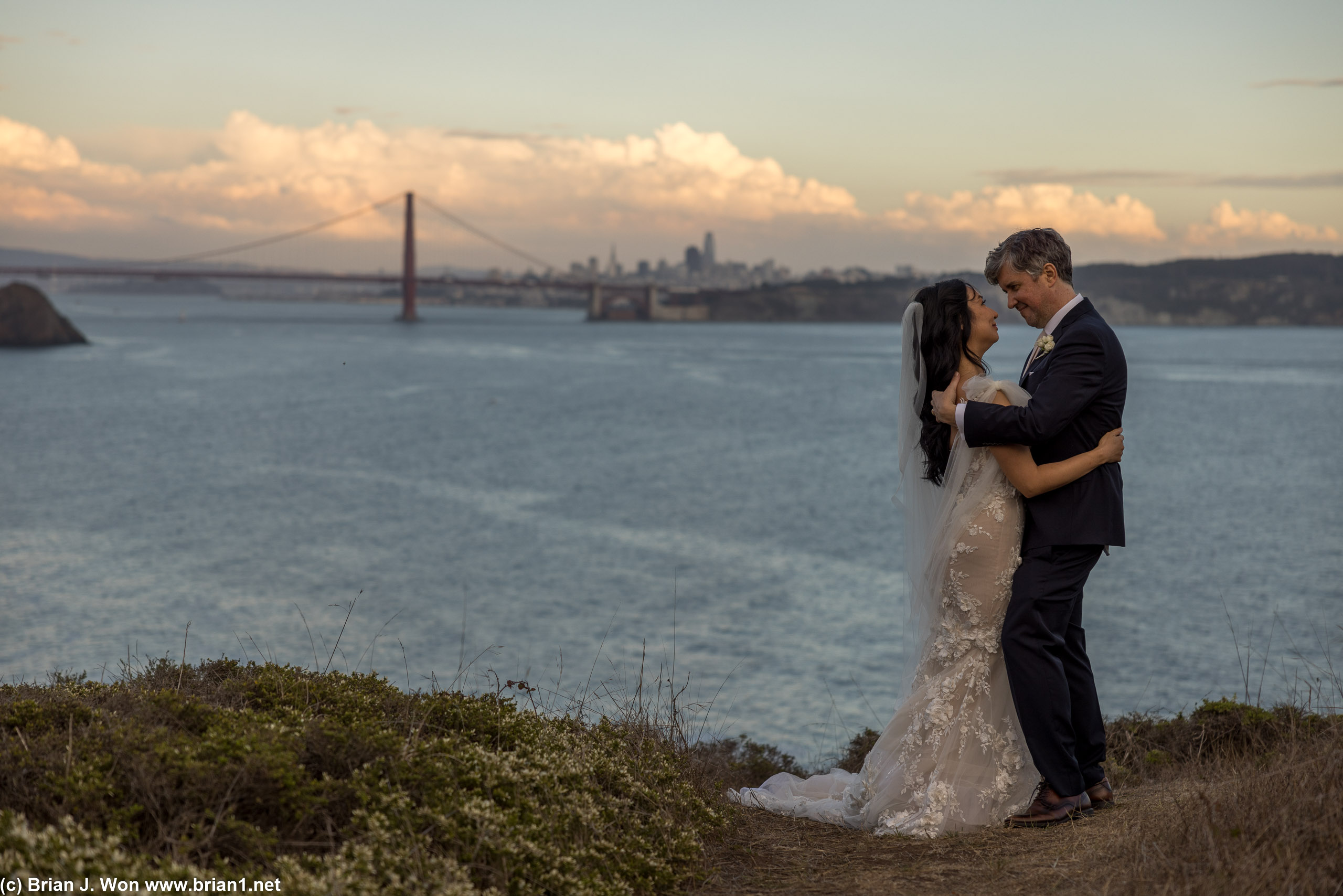 Marin Headlands and the Golden Gate Bridge at sunset.