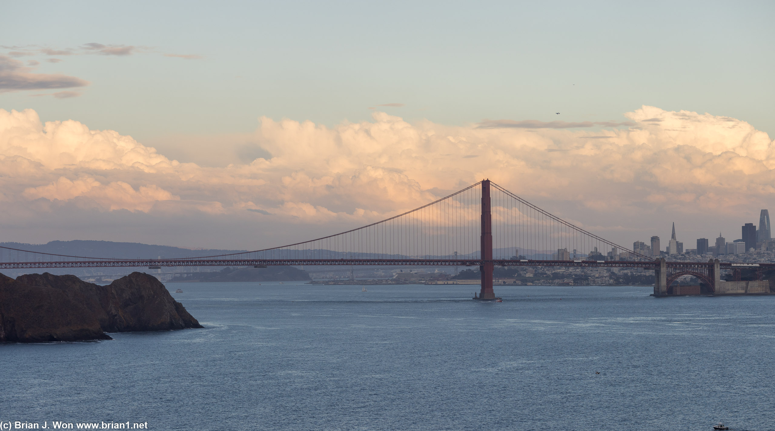 Golden Gate Bridge as sunset approaches.