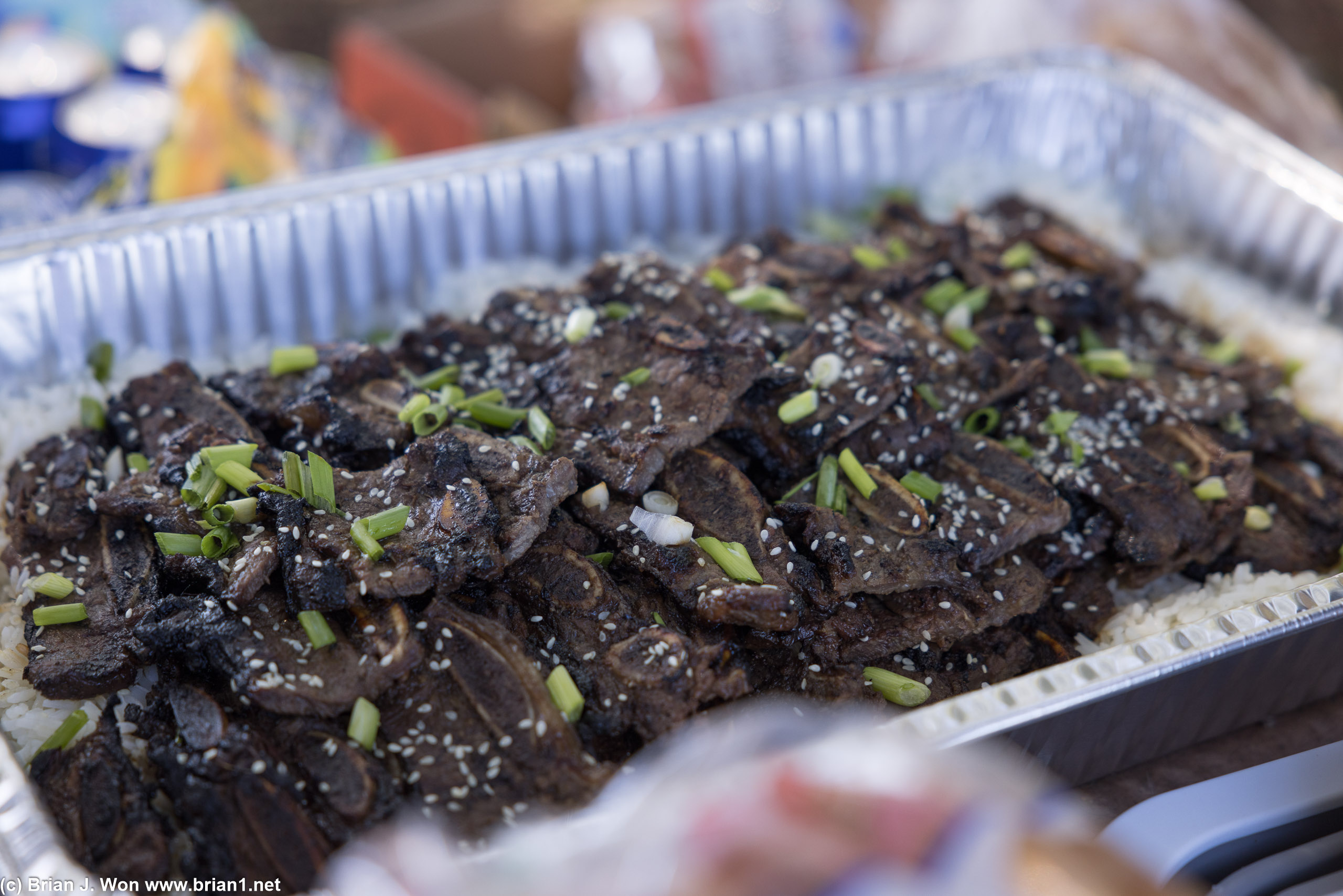 Salwa made a massive tray of galbi over rice.