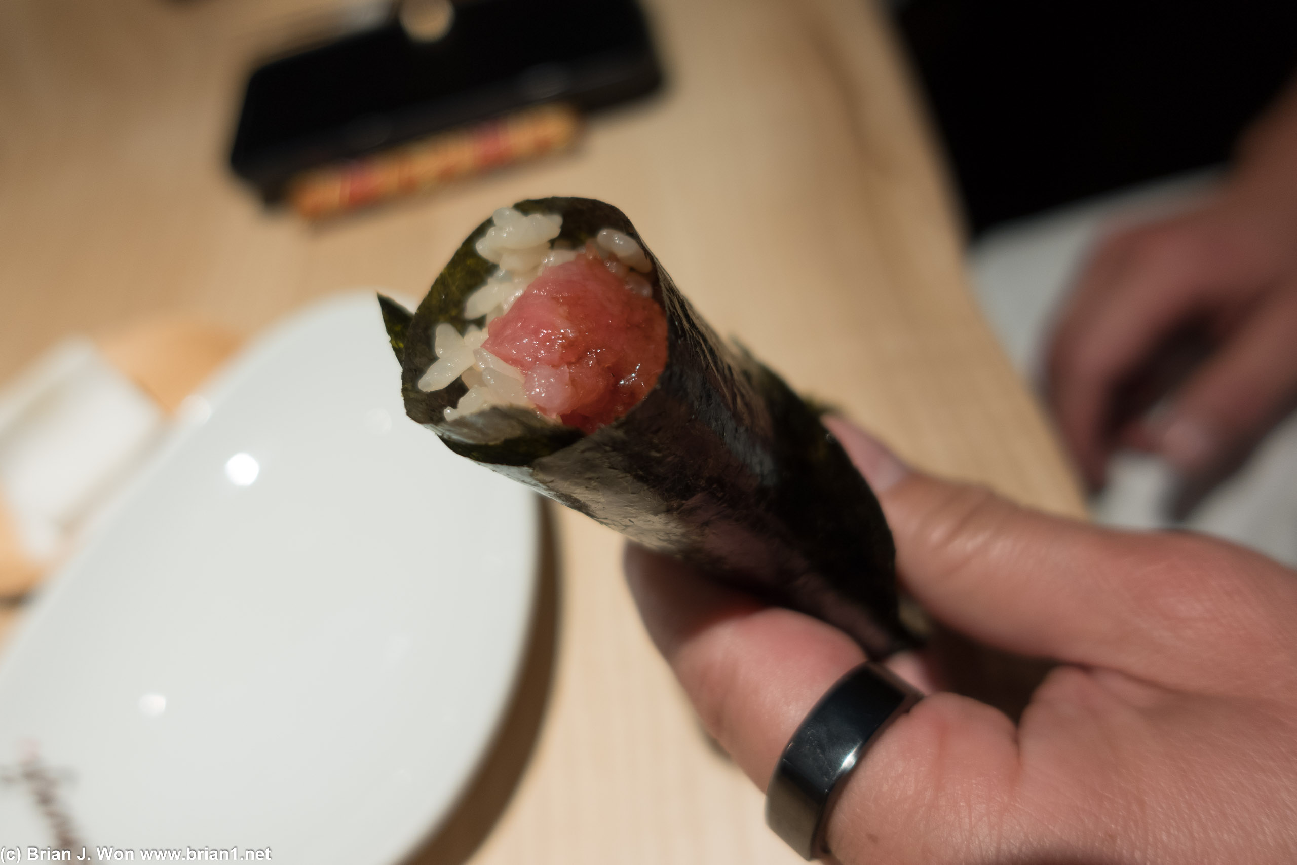 Bluefin tuna hand roll.