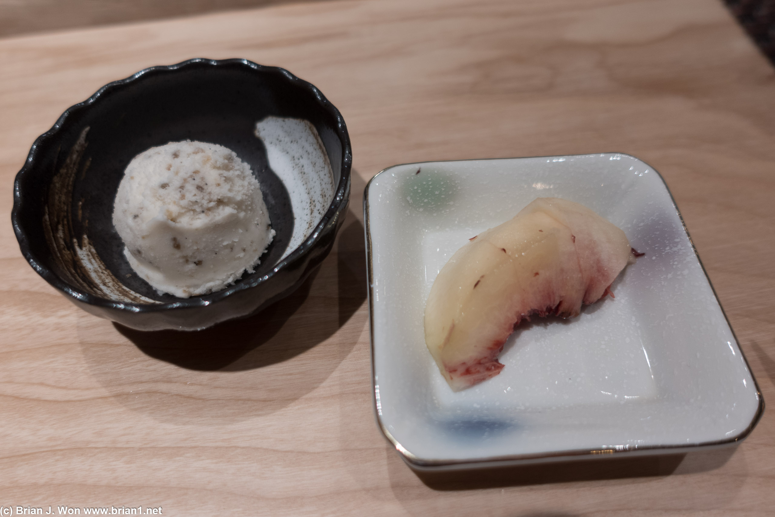 Truffle ice cream and white peach.