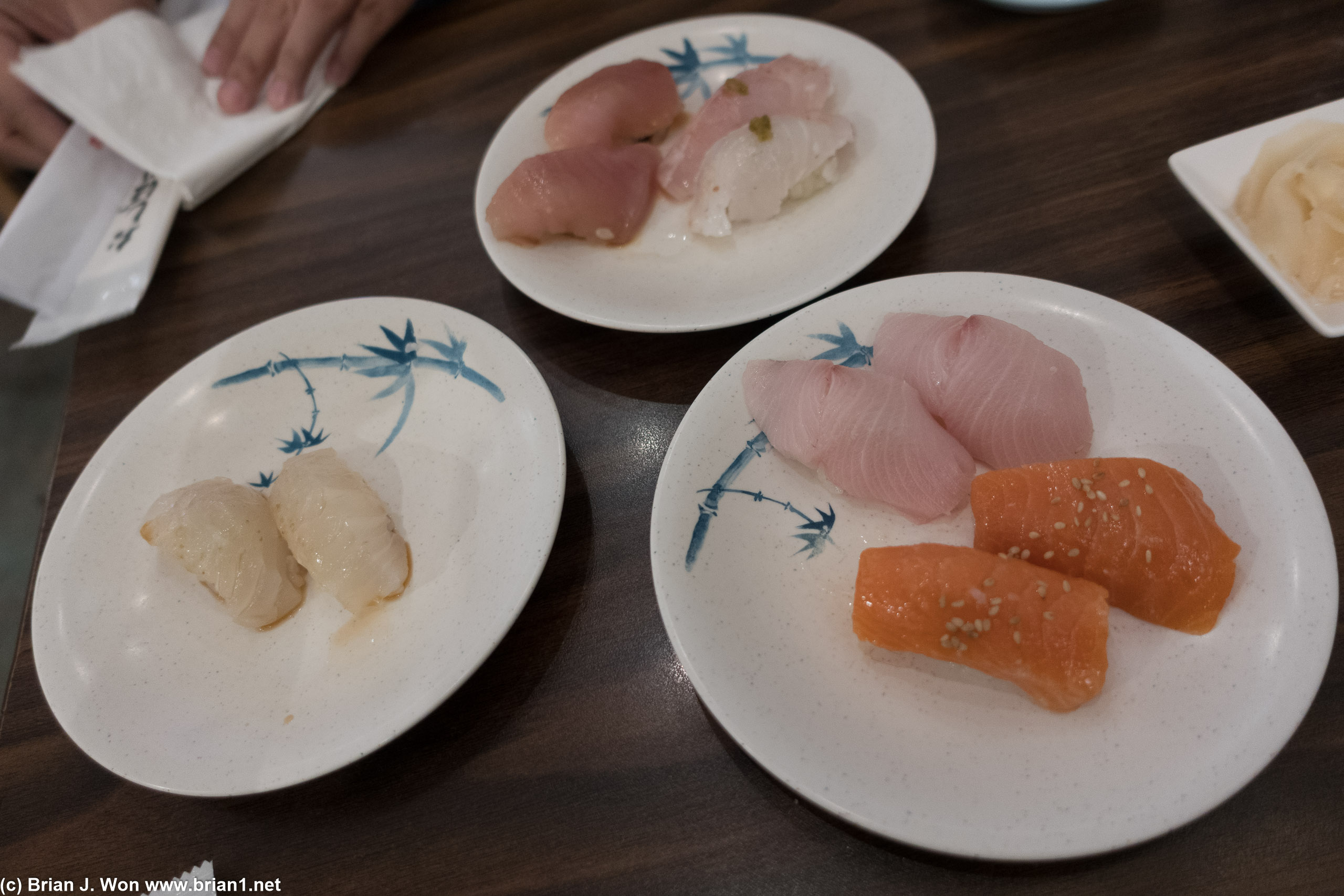 Clockwise from left: halibut, yellowtail, red snapper, albacore, salmon.