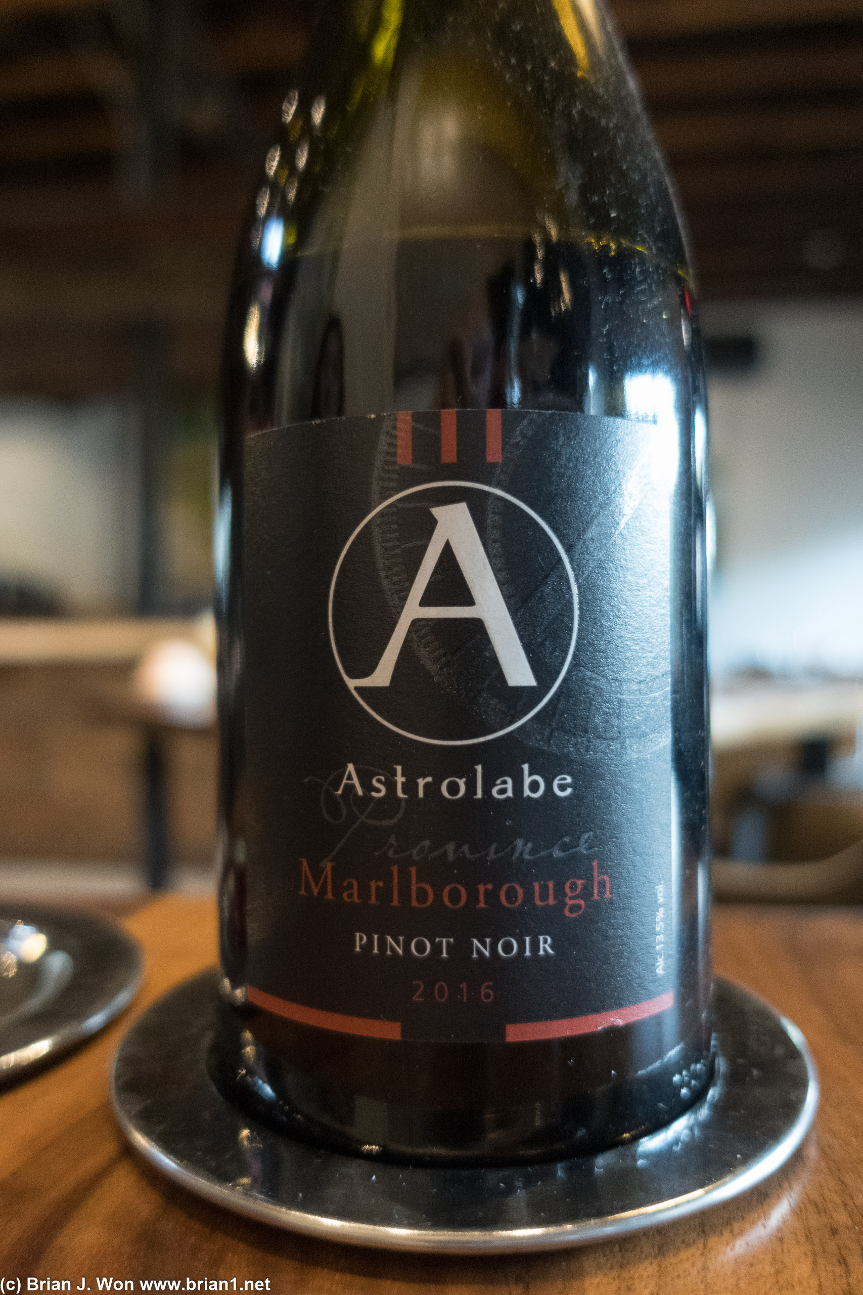 Astrolabe Pinot Noir, 2019.. Went well with the meal but terrible with dessert.