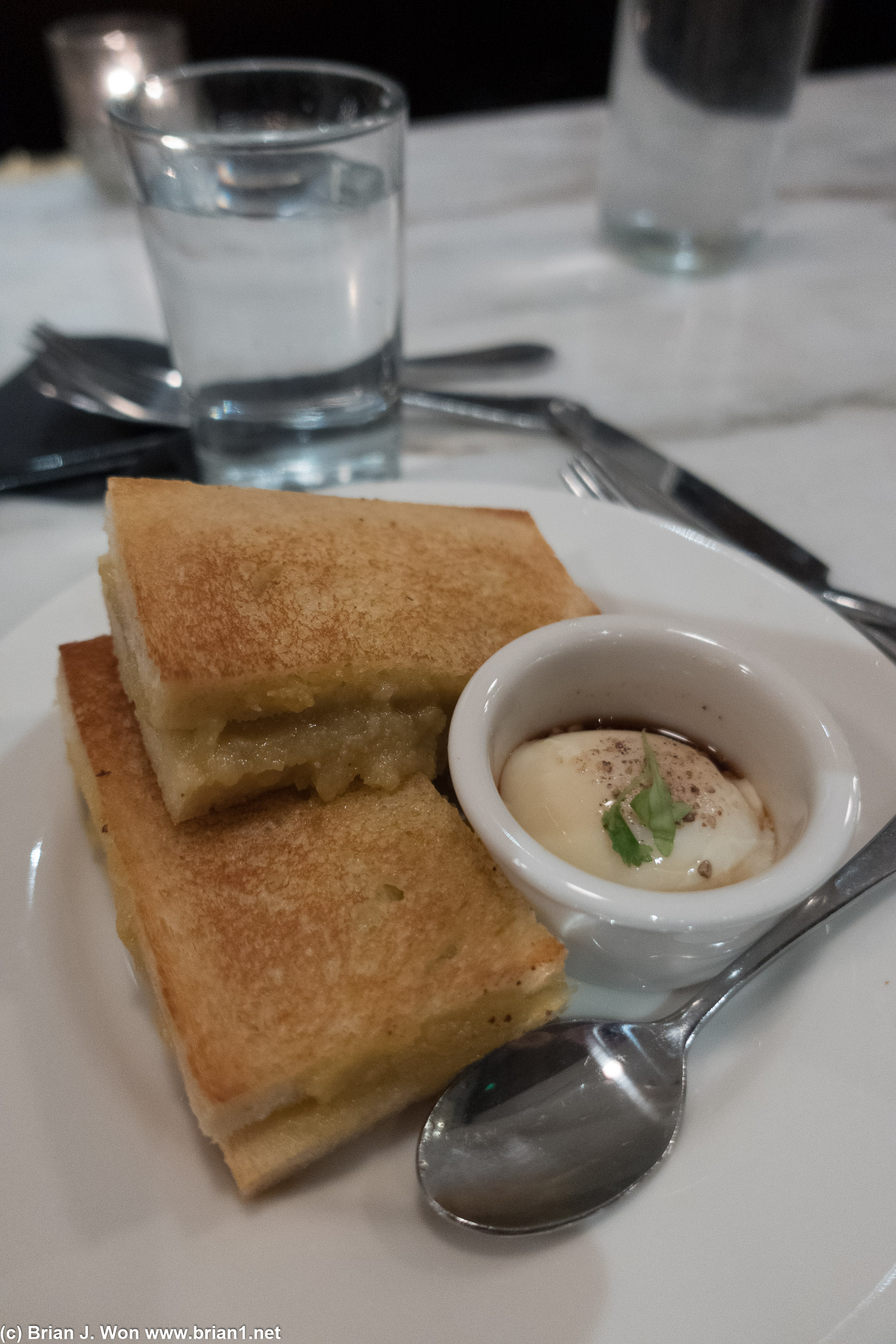 Free food started showing up...: fancy kaya toast. Quite good but not worth $16 if you had to pay for it.