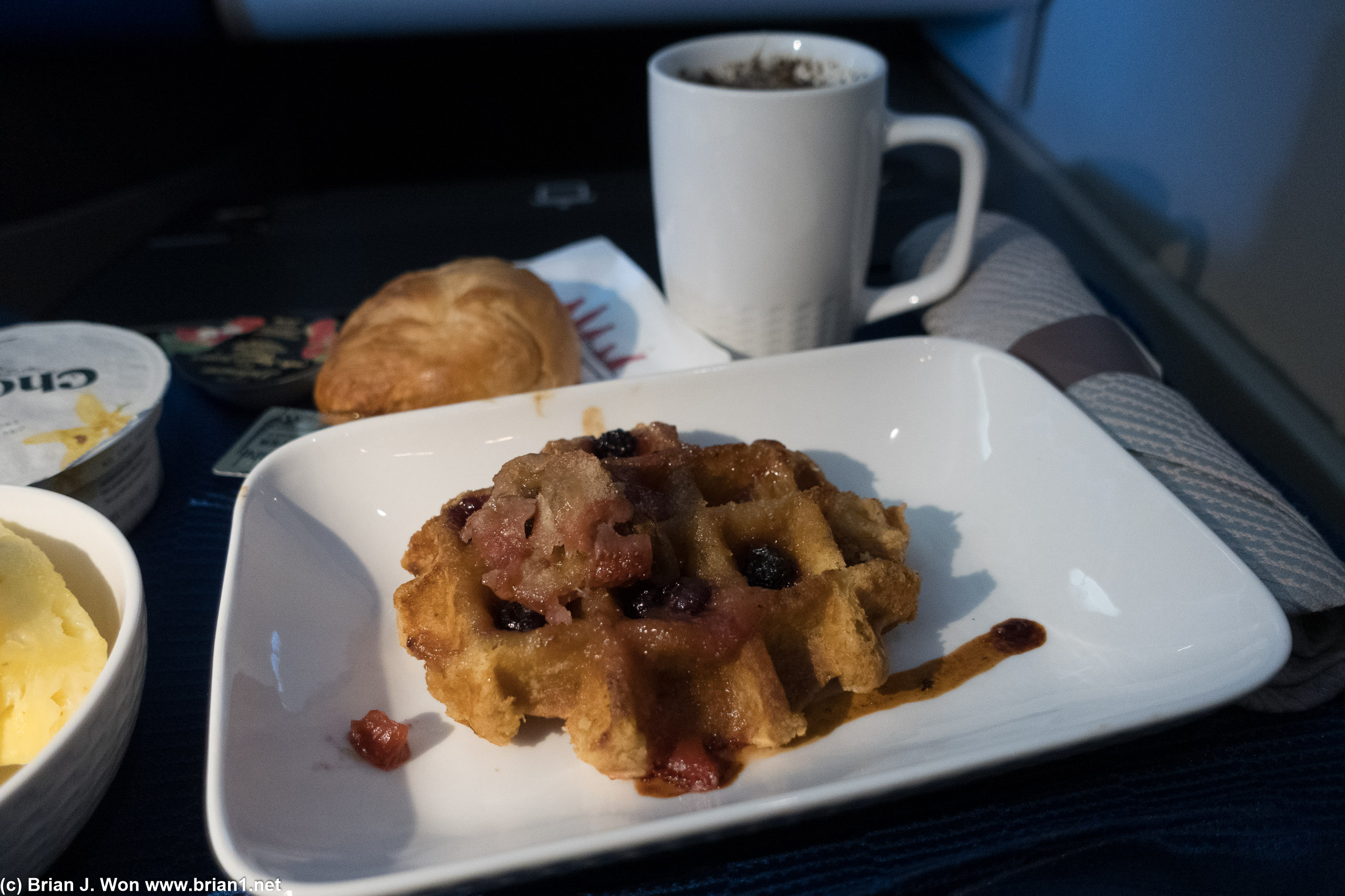 The waffle in domestic first class is an okay portion size but way too sweet.