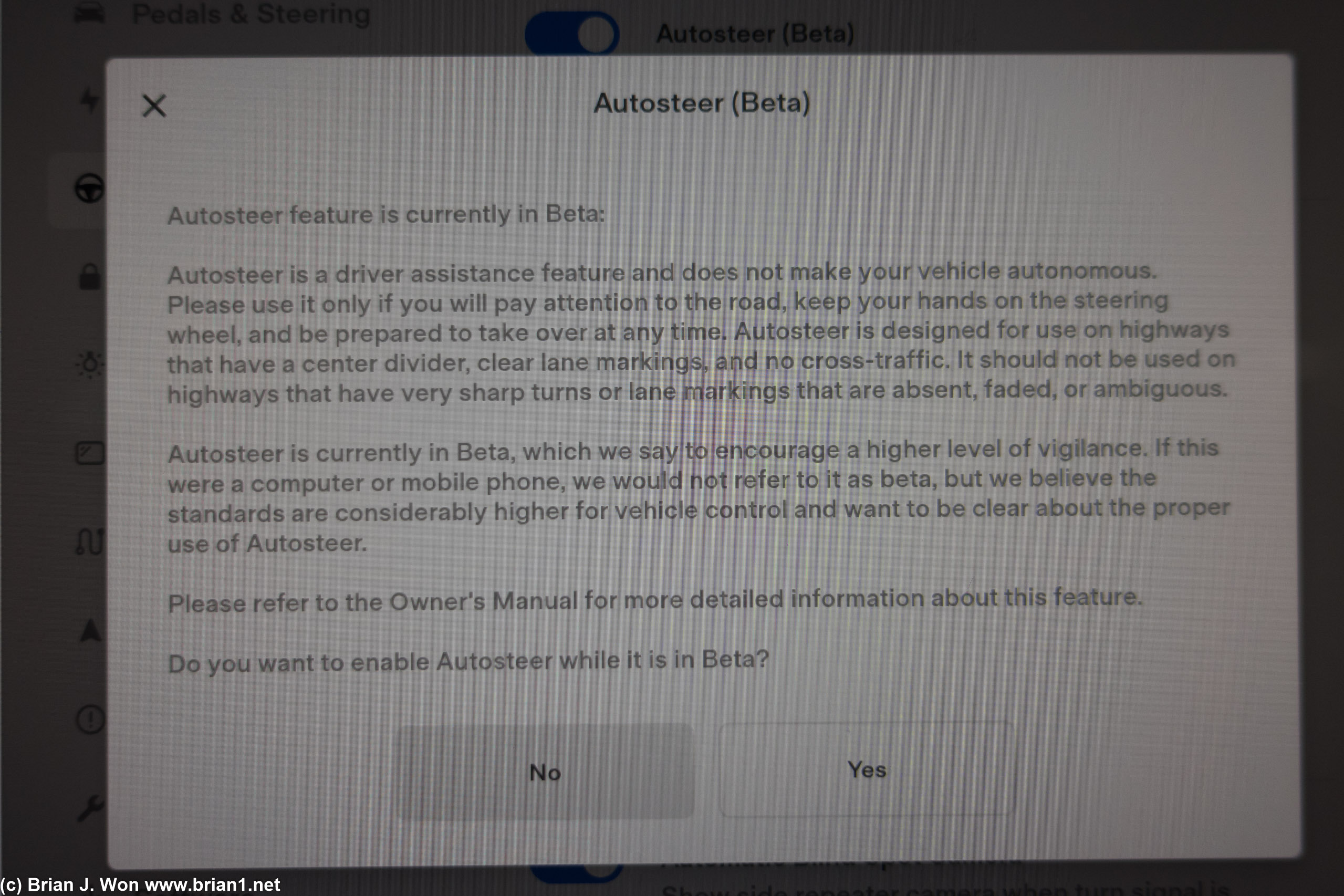 Tesla Autosteer warning.