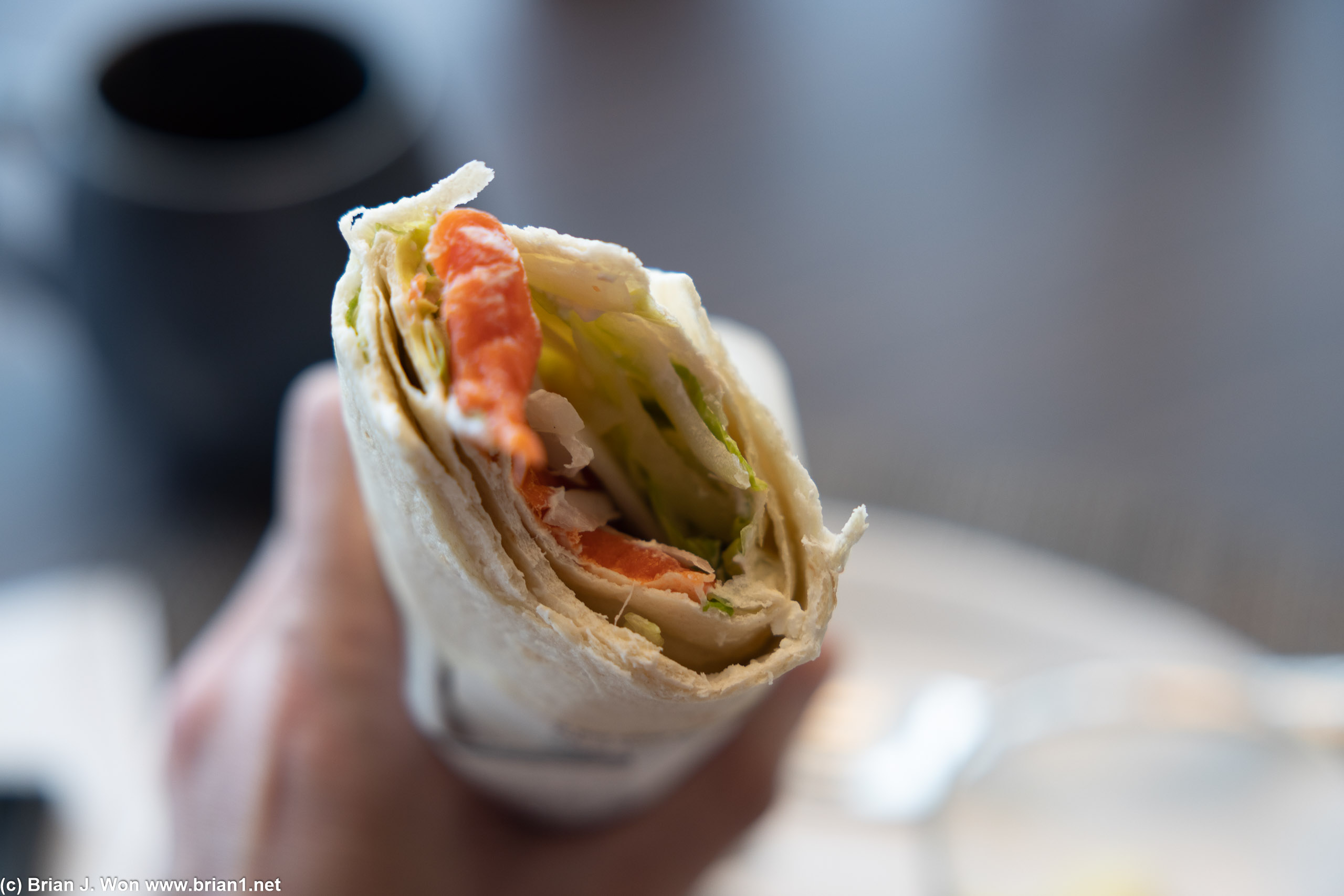 Smoked salmon breakfast wrap doesn't look like much, but a nice change from heavier food.