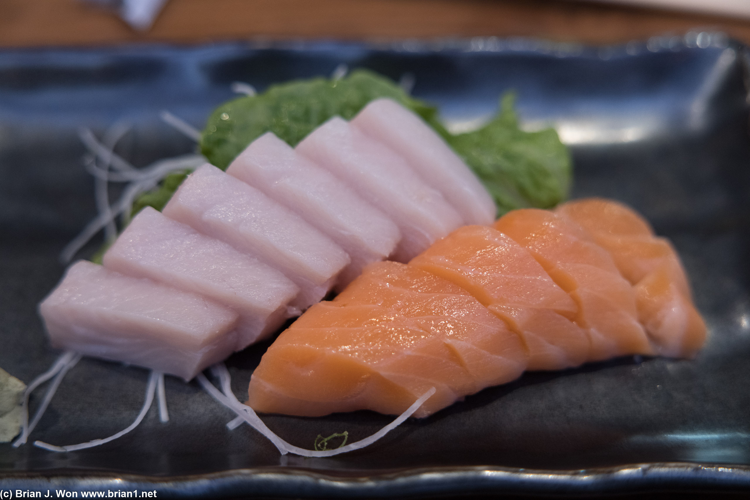 Hamachi (yellowtail) and sake (salmon) sashimi.