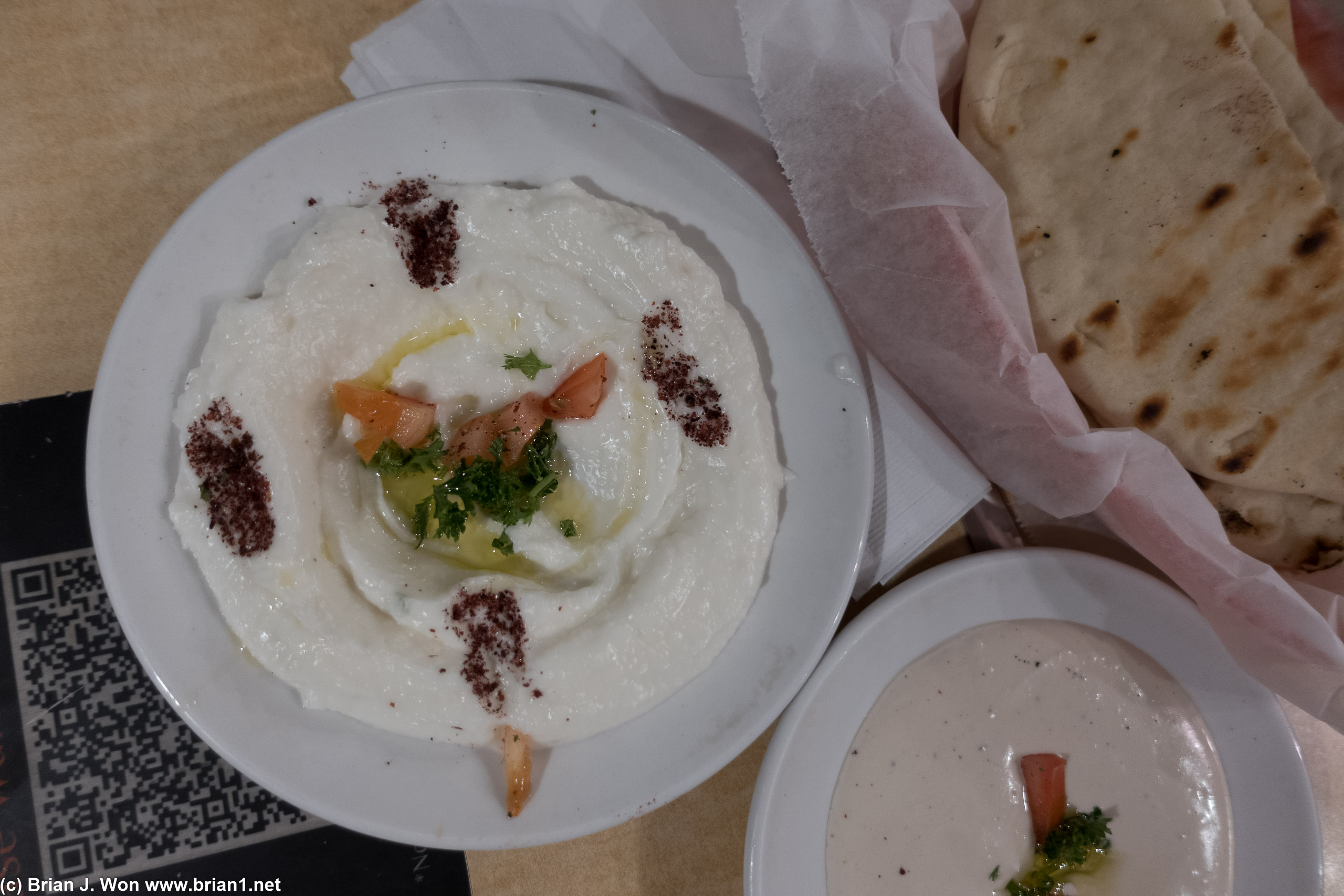 Garlic dip next to hummus at Shish Kabob Grill in Denver.