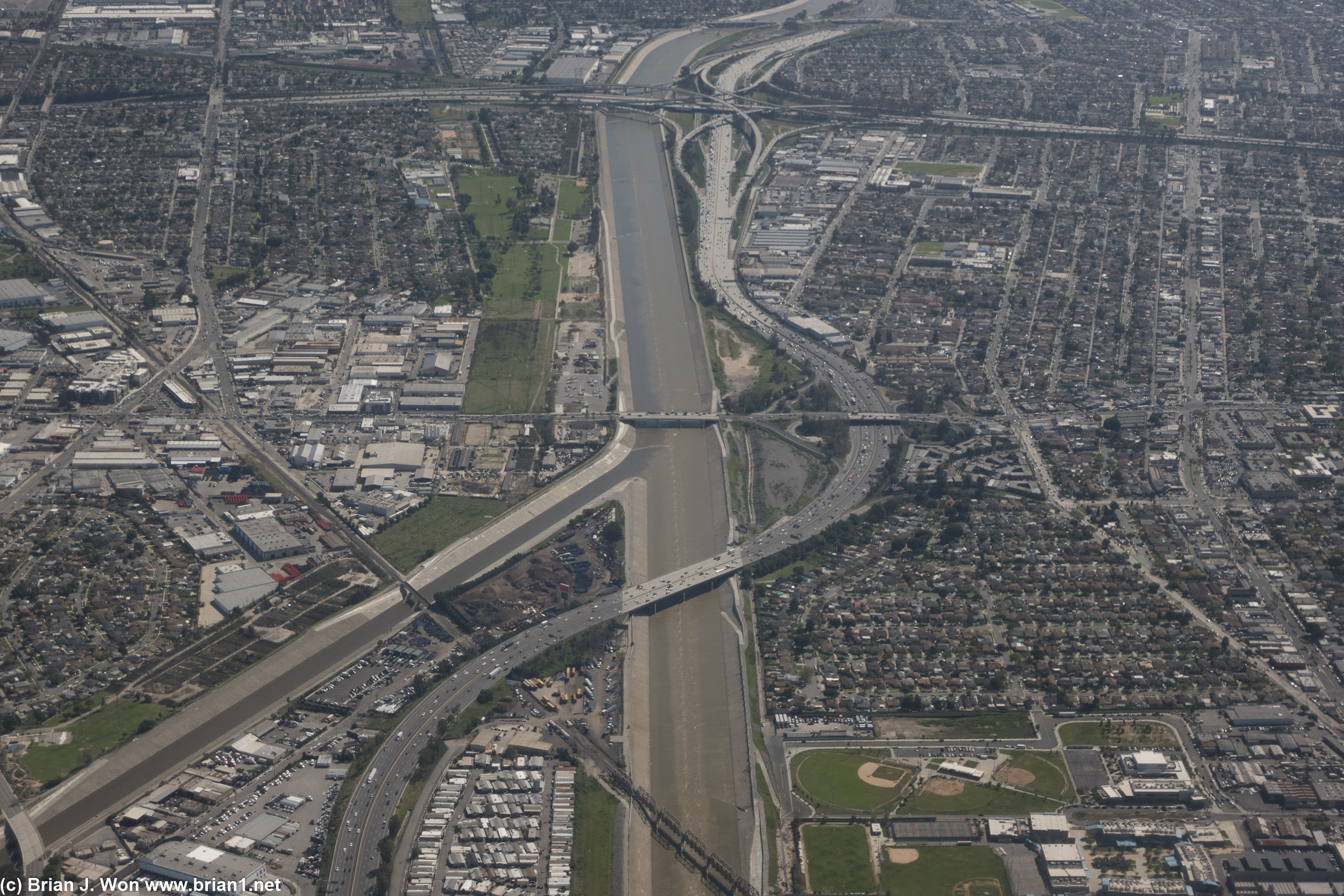 Closer view of I-710 crossing the LA River. Firestone Blvd is the complicated overpass running east-west (left-right).