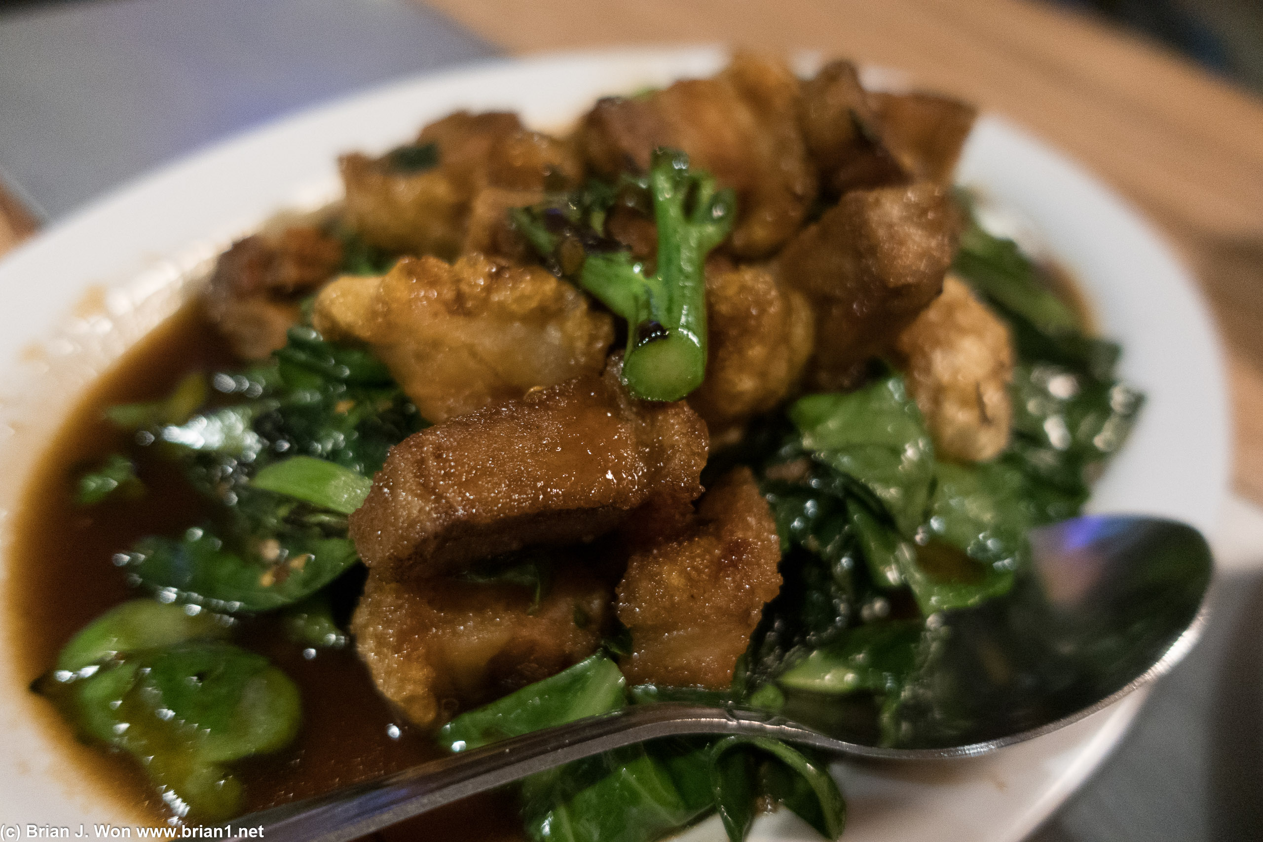 Gai lan with crispy pork. So good.