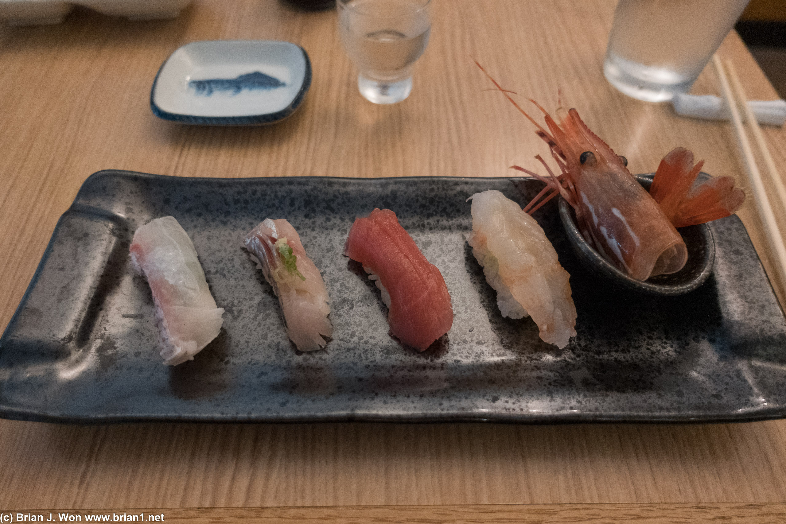 Madai (red snapper), aji (mackerel), maguro (bluefin tuna), botan ebi (live sweet shrimp).