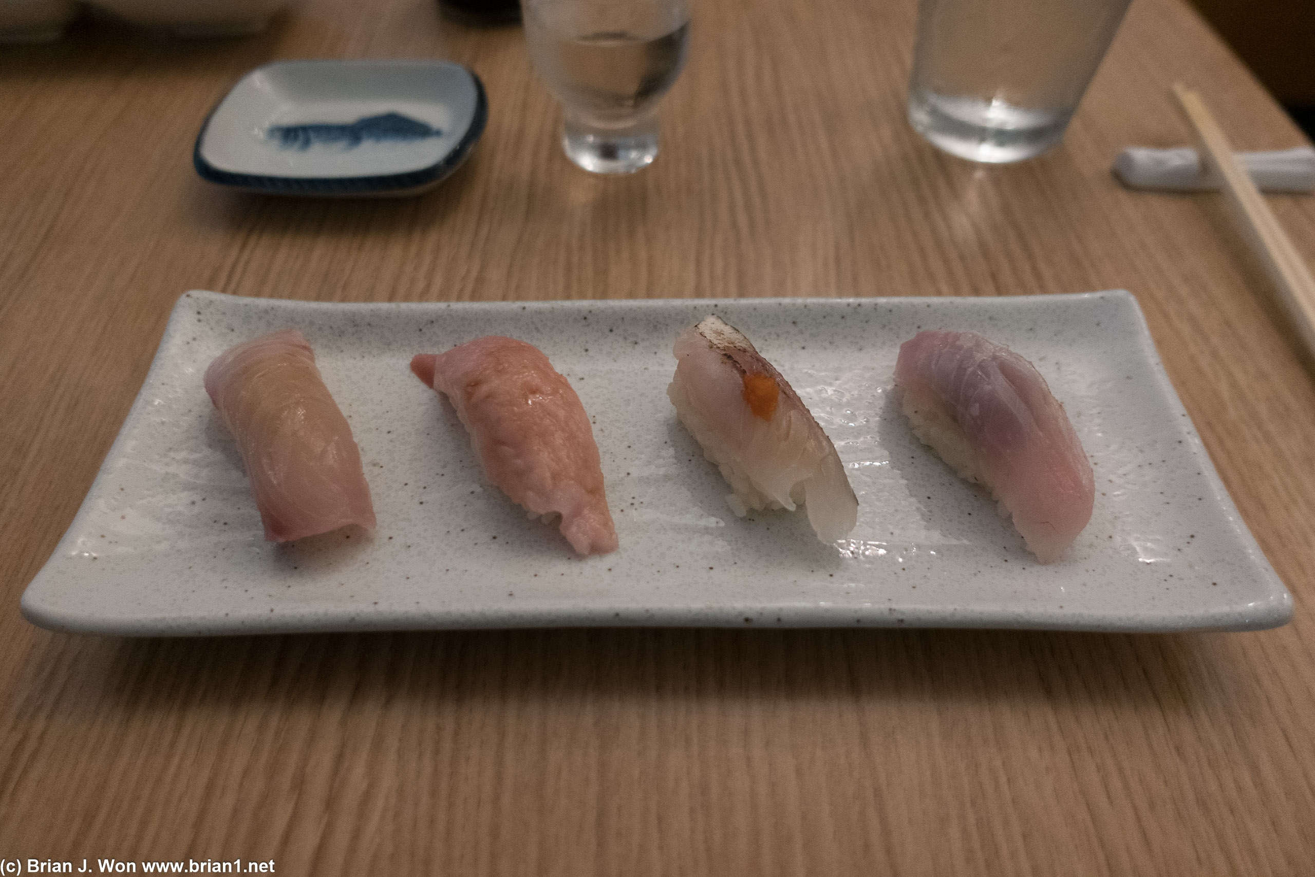 Japanese kanpachi (amberjack), toro, kamasu (barracuda), kinmedai (golden eye snapper).