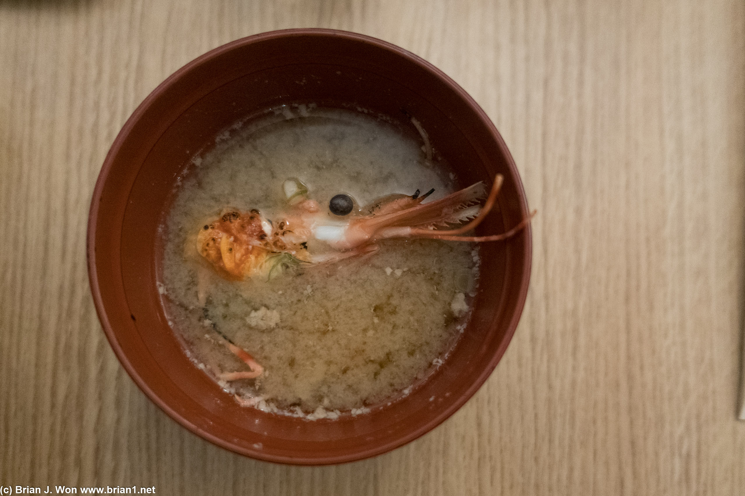 Miso soup with the shrimp head.