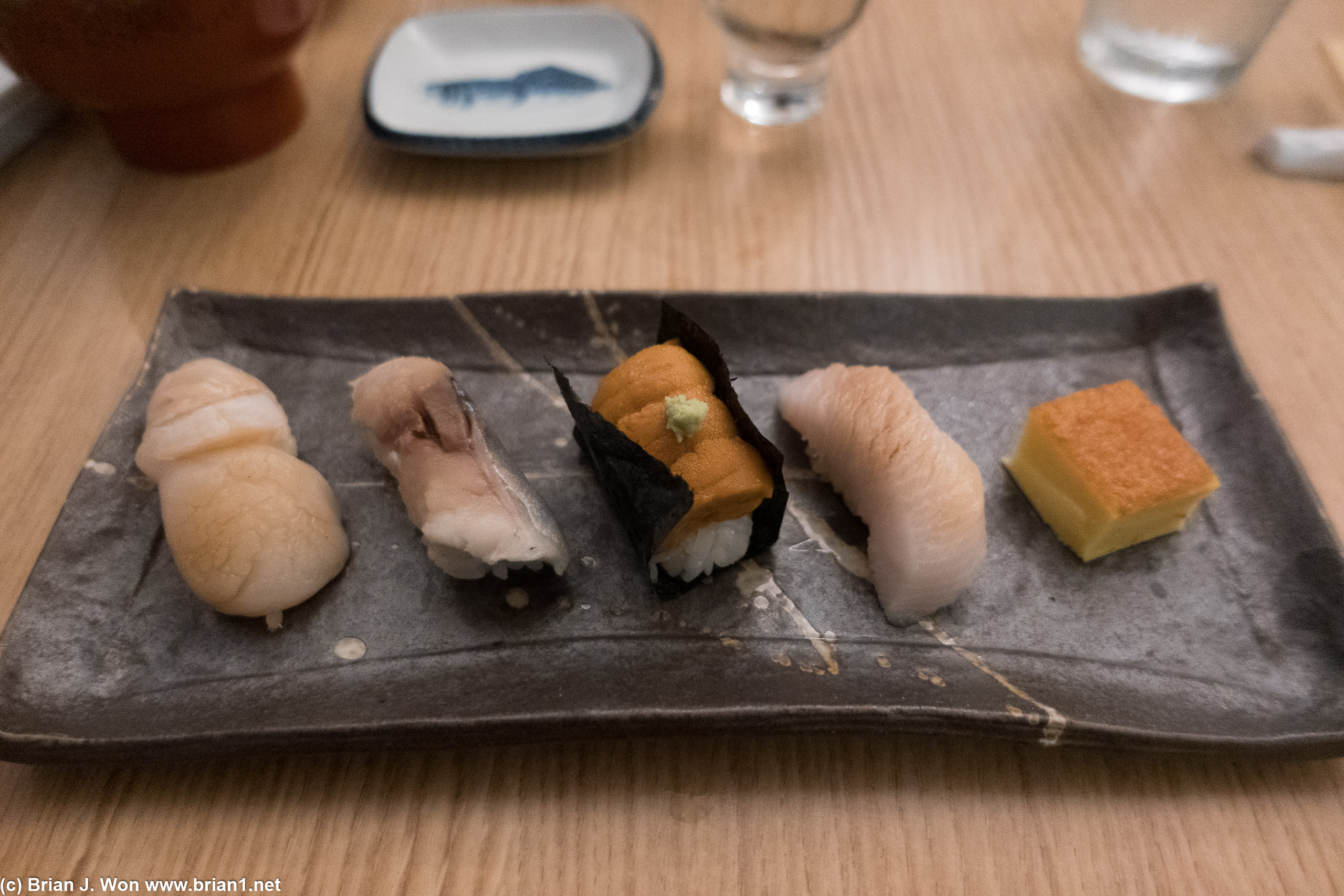 Hotate (scallop, Hokkaido), saba (Spanish mackerel), uni (sea urchin, Hokkaido), hamachi belly (yellowtail), tamago.