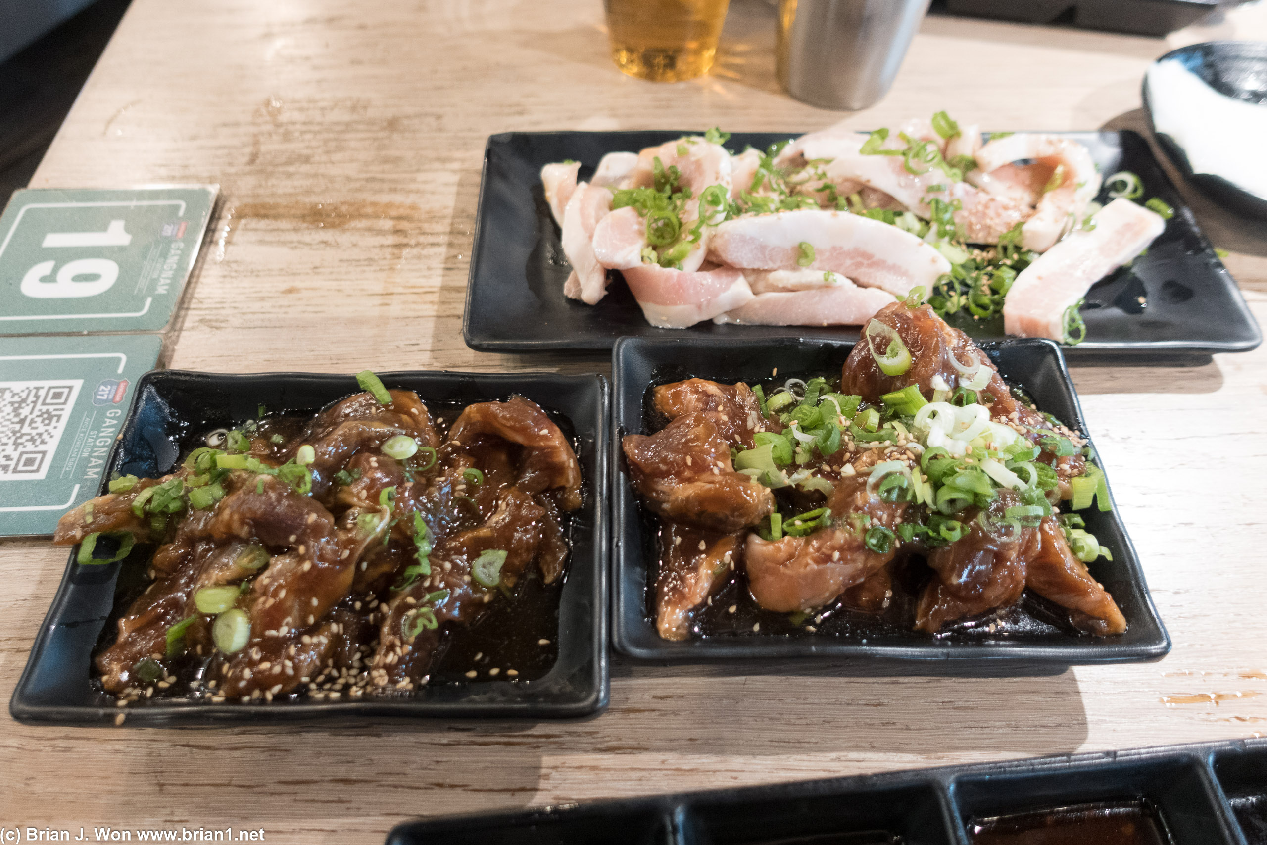 Pork jowl and marinated beef.