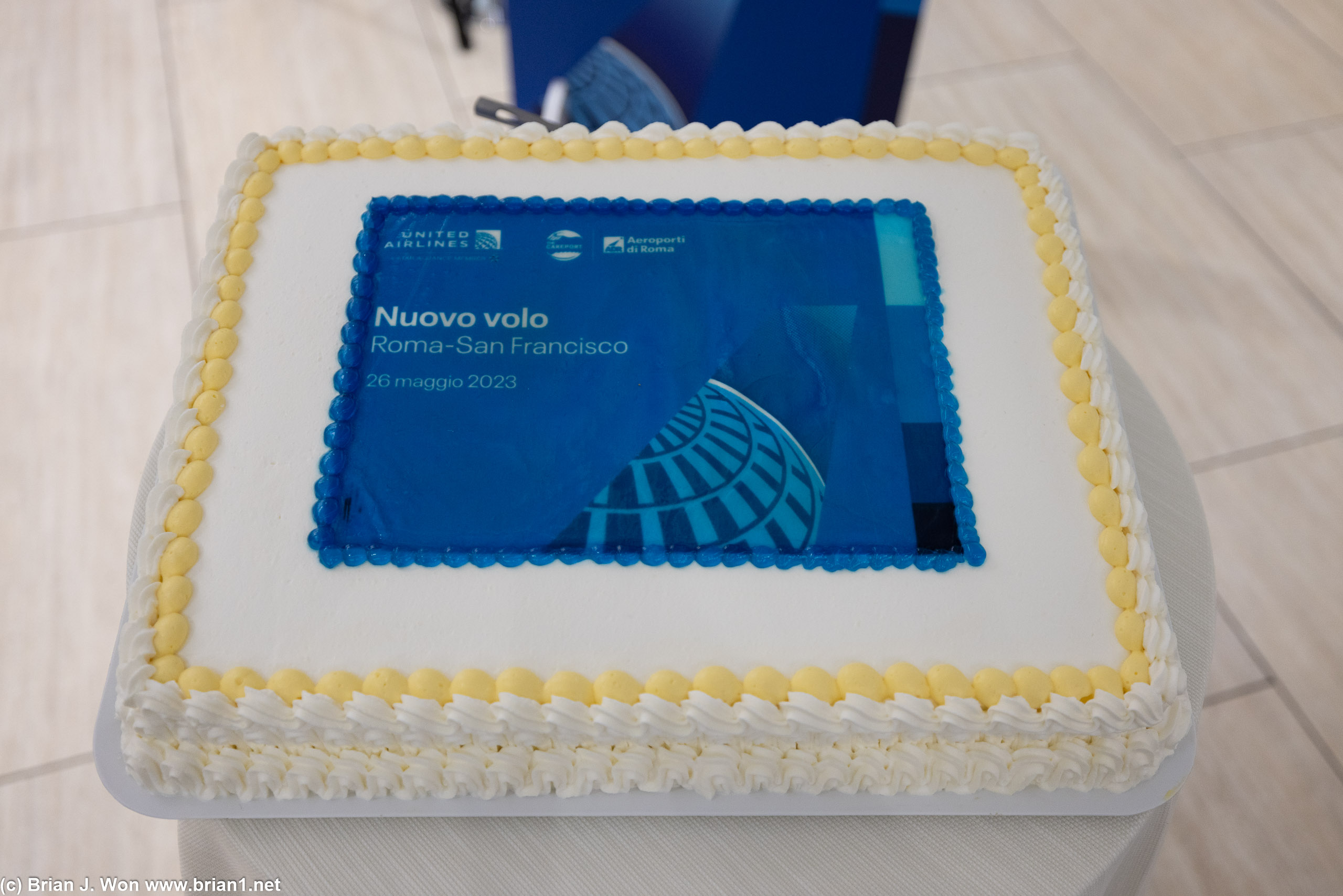 Cake celebrating the inaugural FCO-SFO flight.