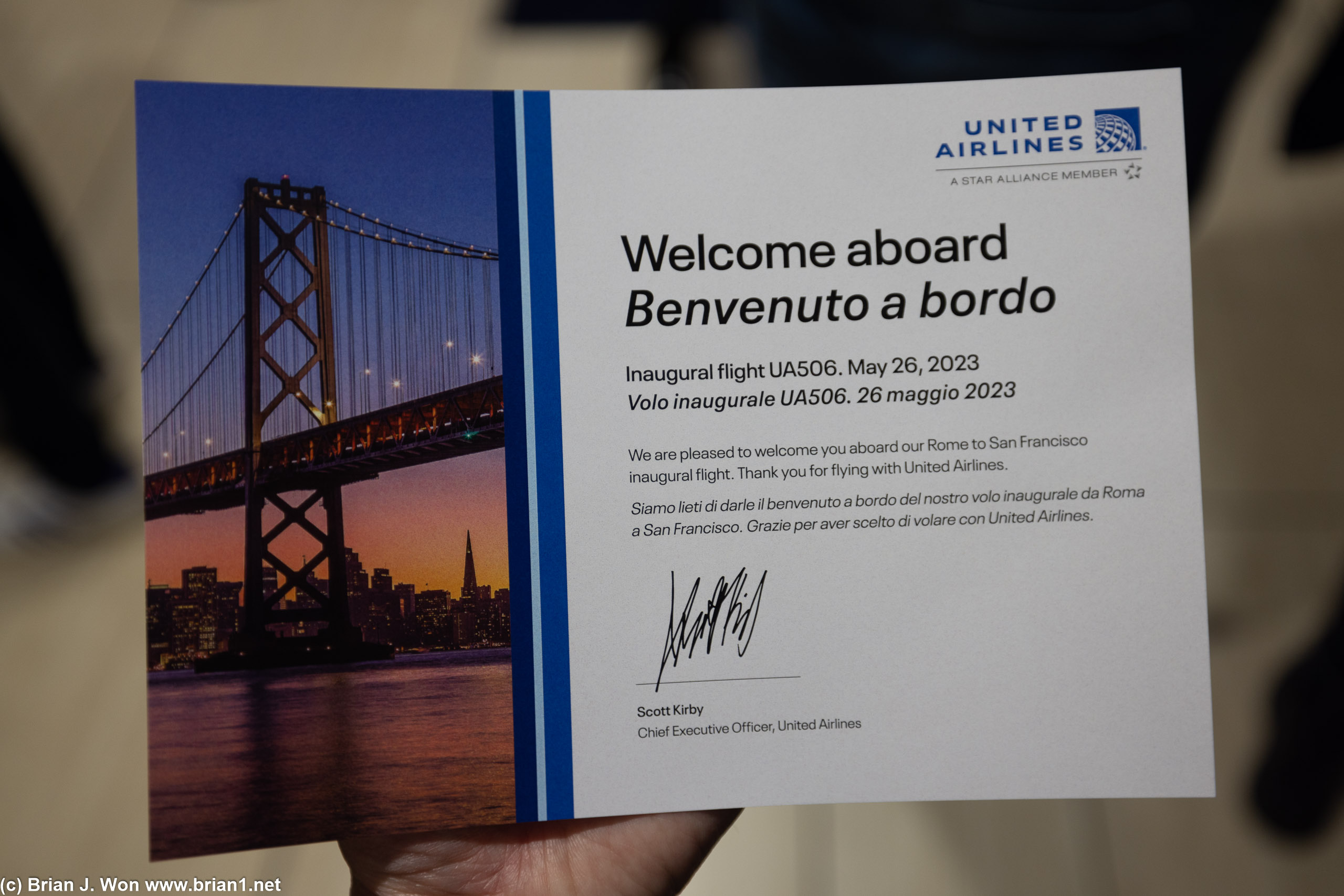 The inaugural FCO-SFO flight gets more swag (but a smaller celebration) than SFO-FCO. What the heck, United.