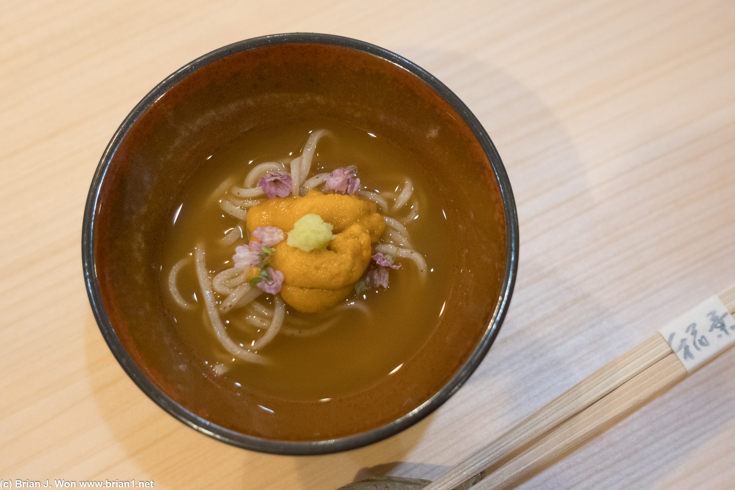 House-made cold soba and uni.
