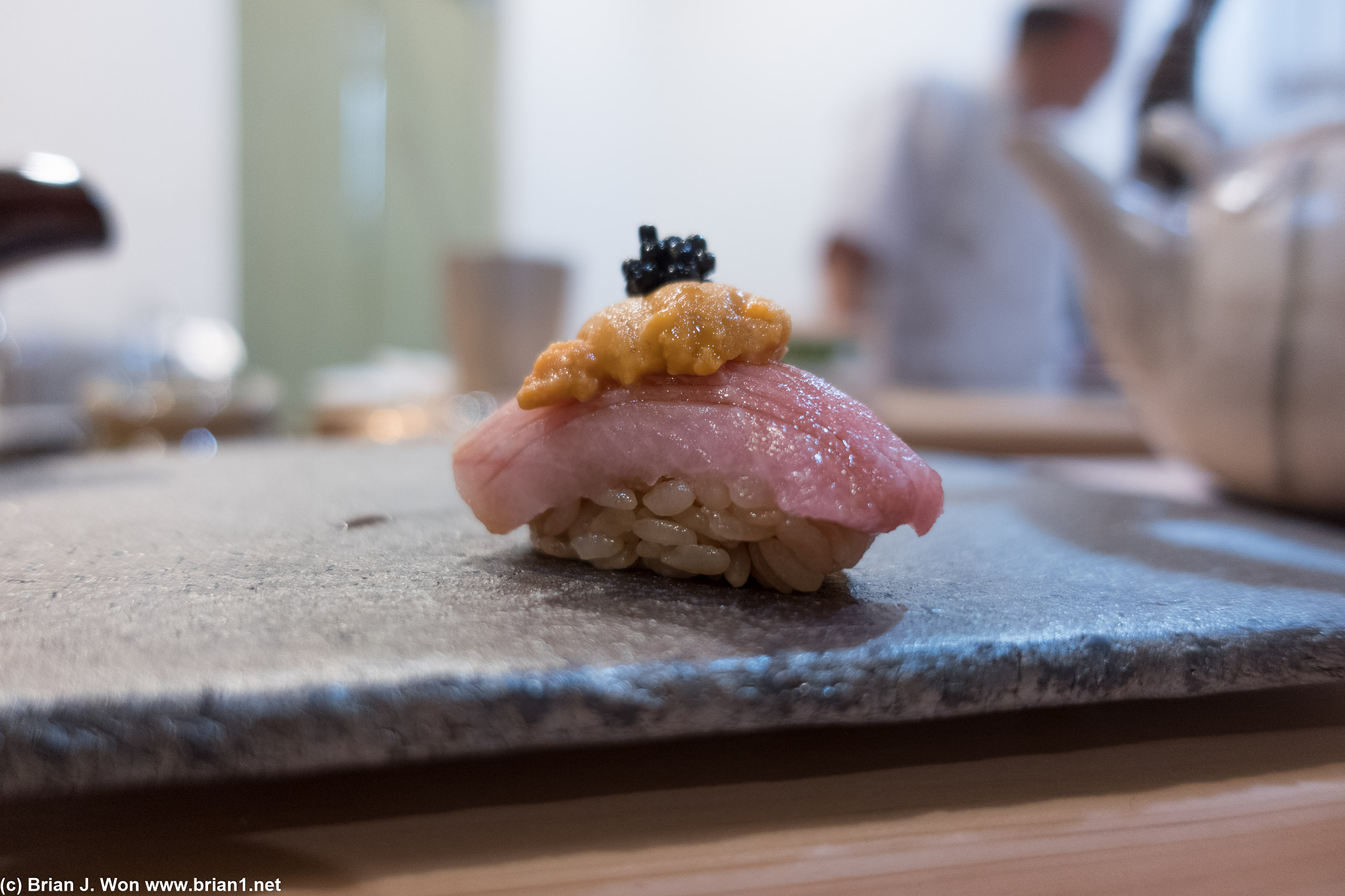 Otoro topped with uni and caviar.