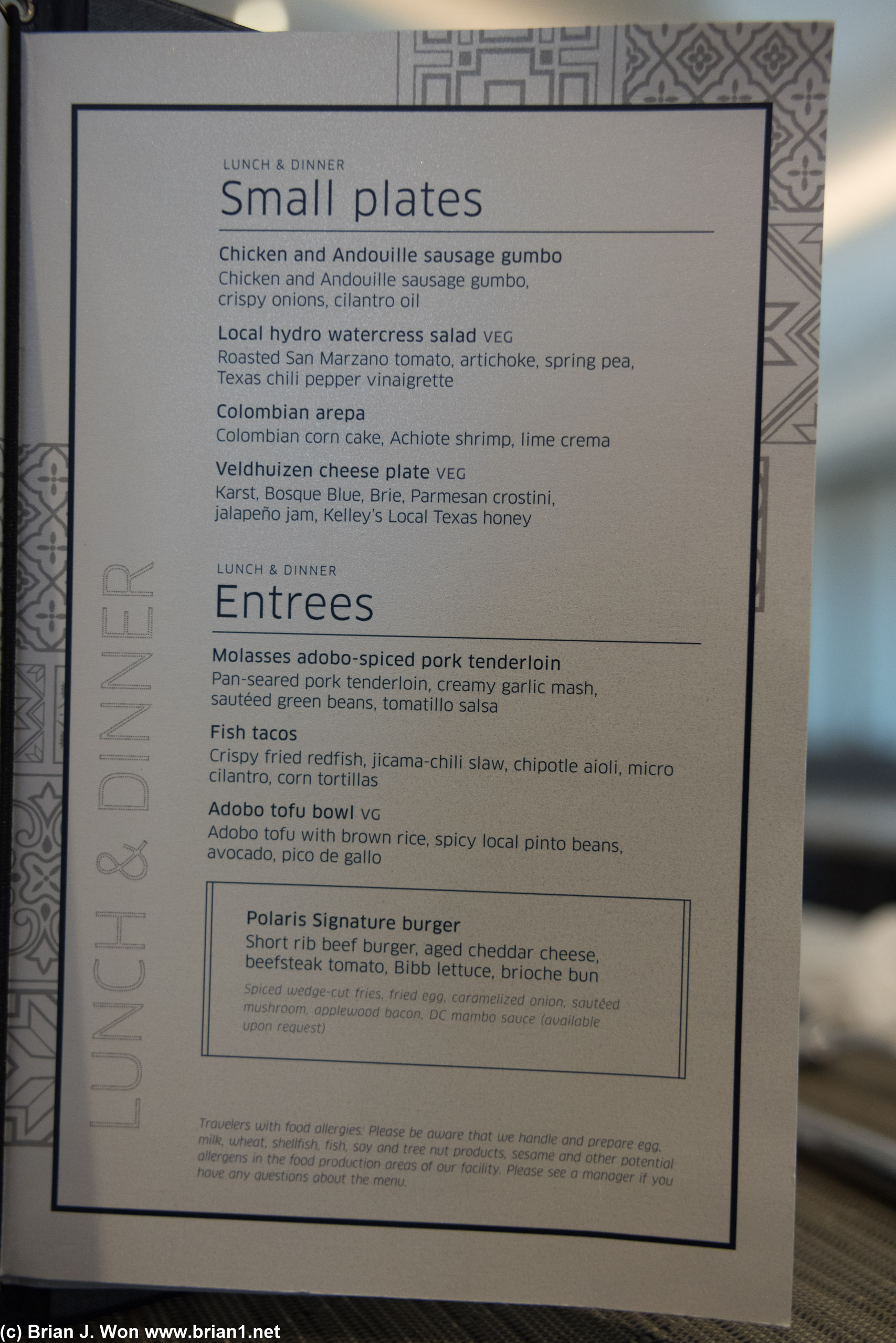 Menu at Polaris Dining Room at IAH.