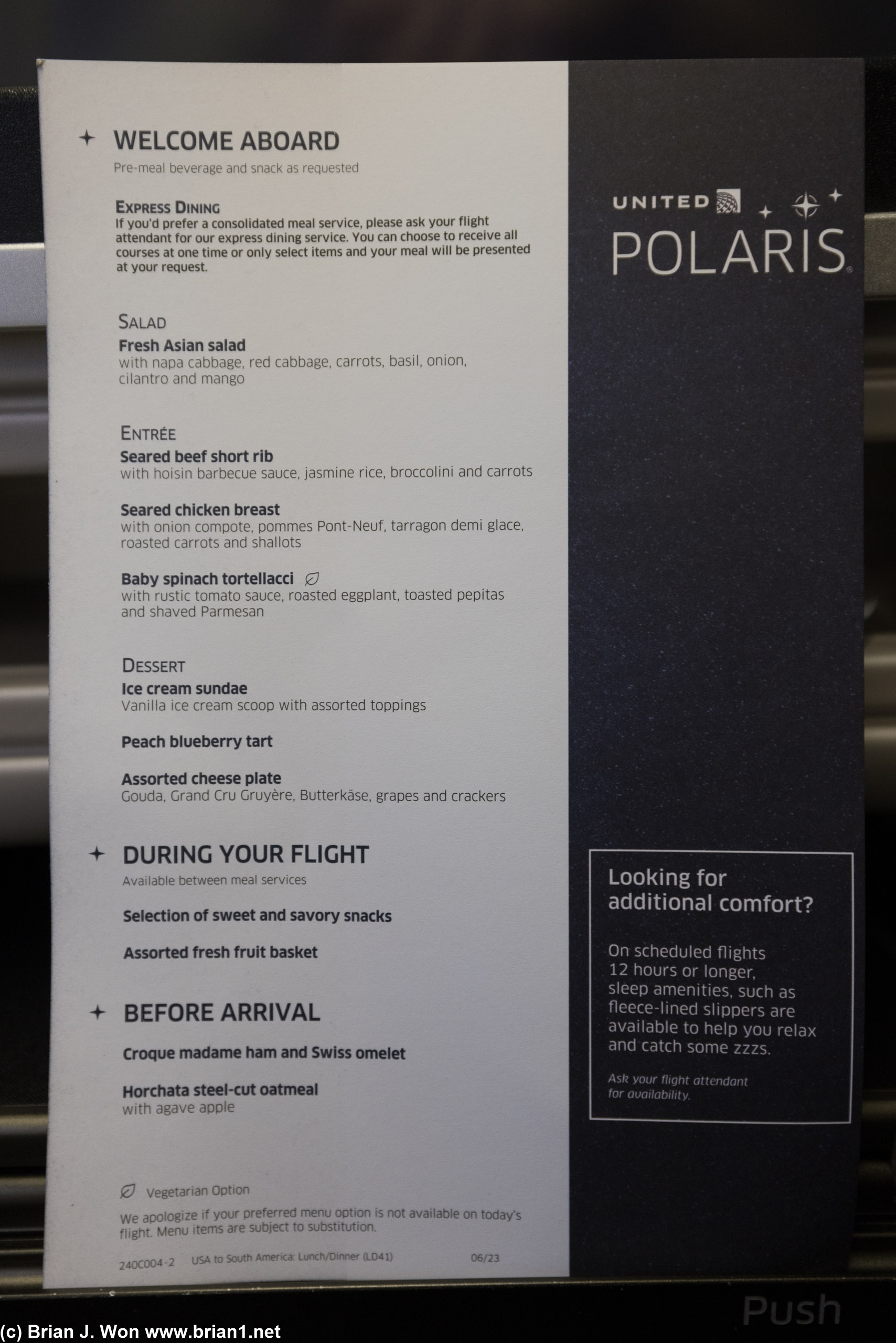 Menu on the flight.