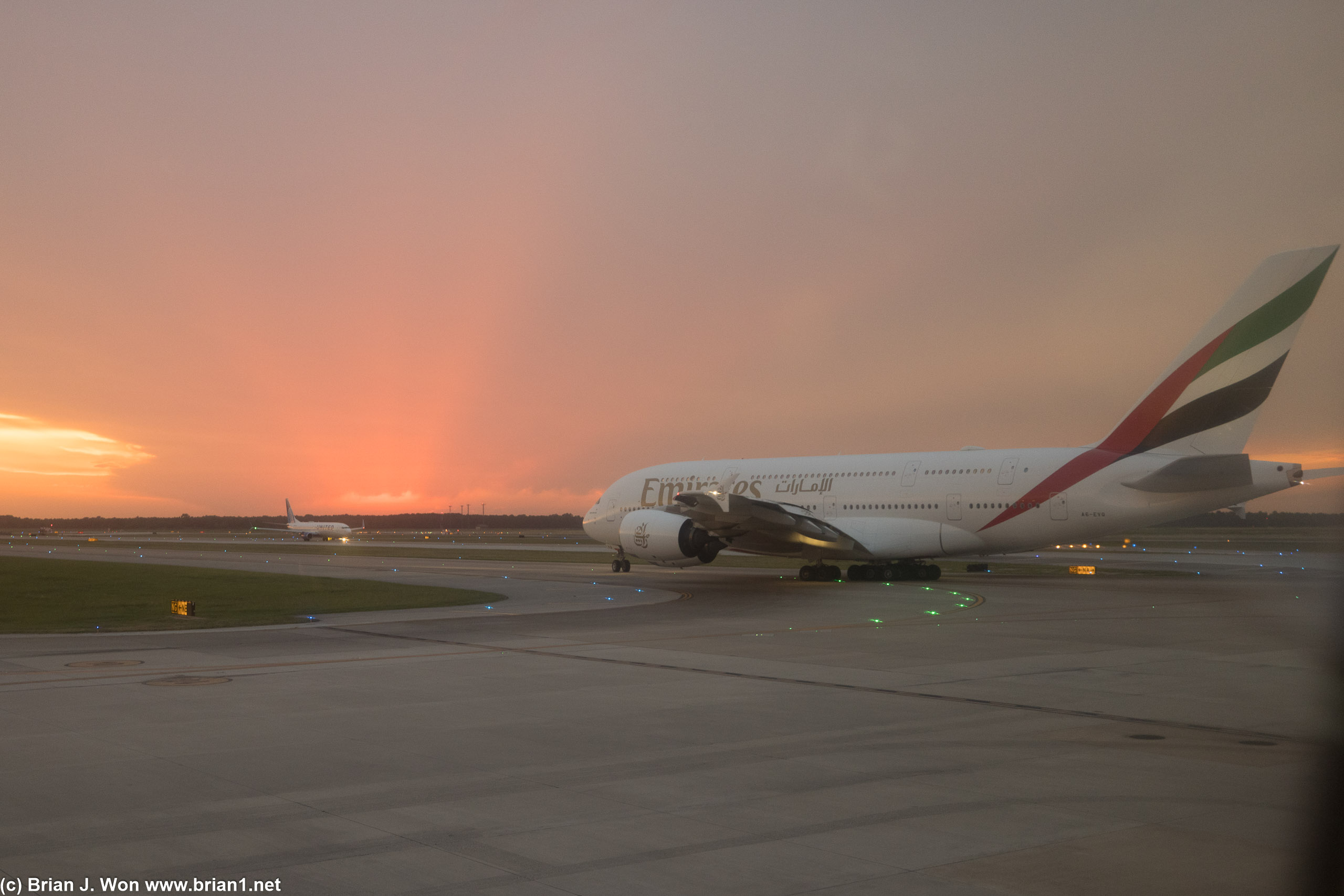 Sunset over an Emirates A380 at IAH.