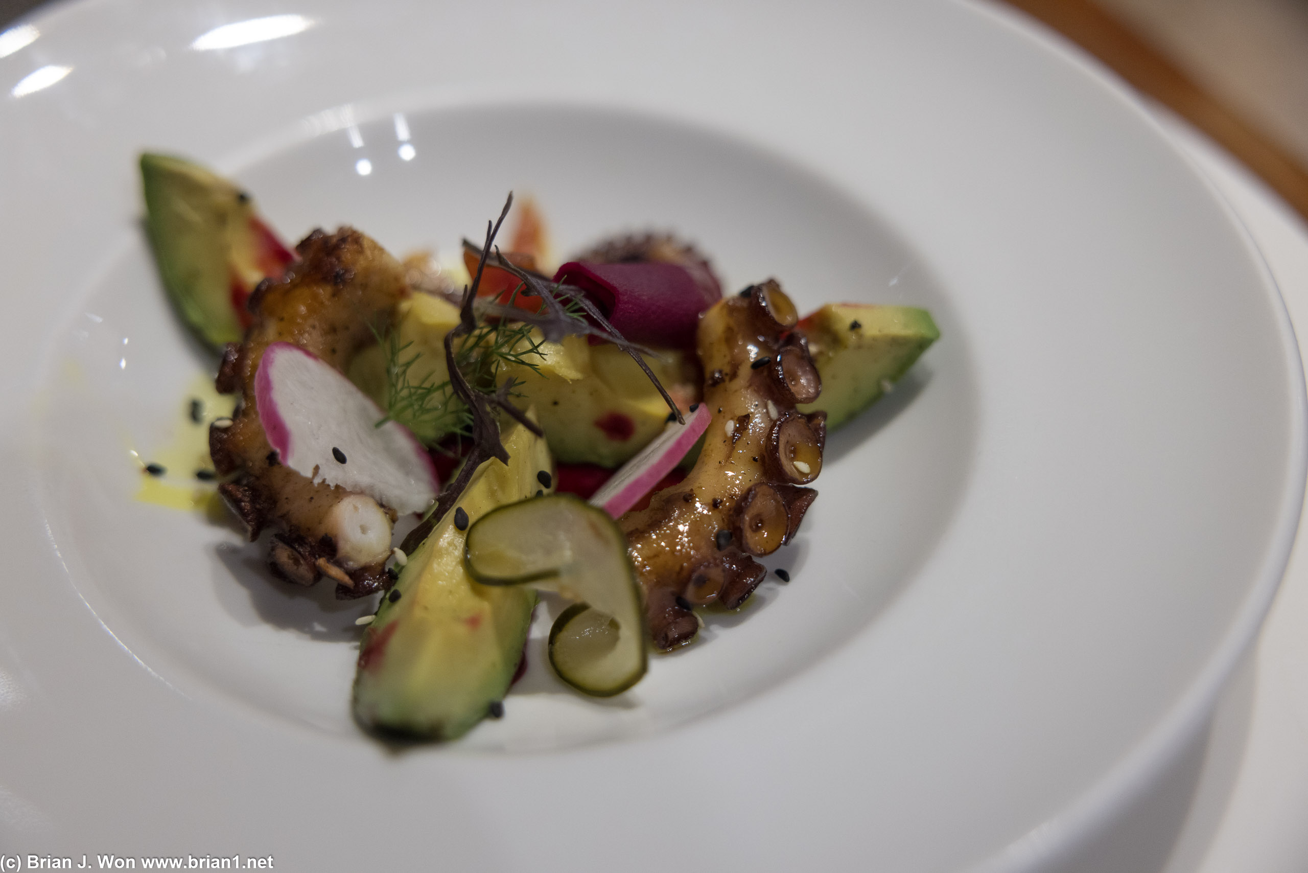 Seared octopus with avocado and tumeric.