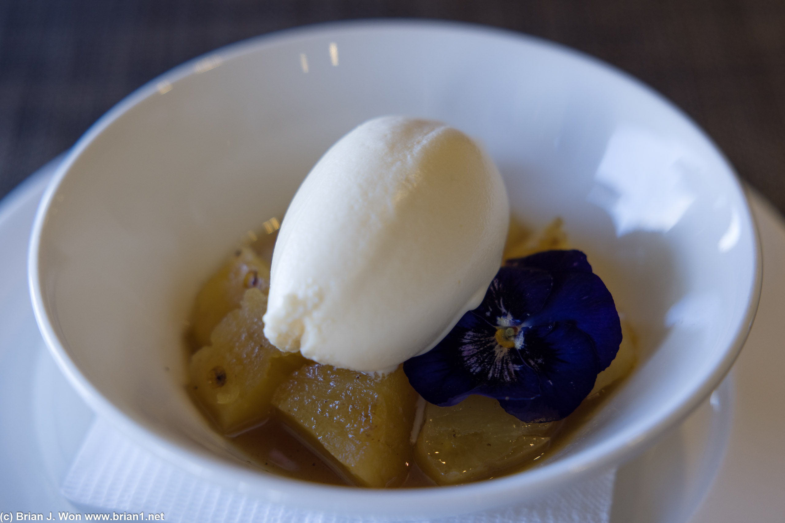 Spiced pineapple with basil and lime ice cream.