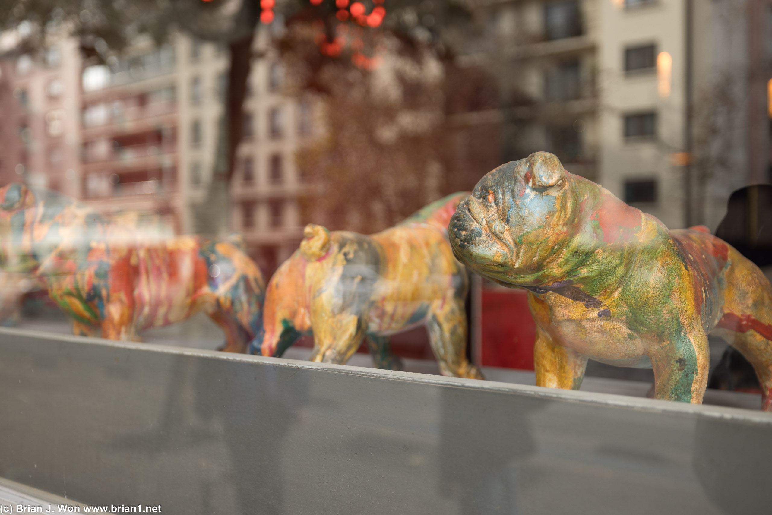 Painted statues of pugs.