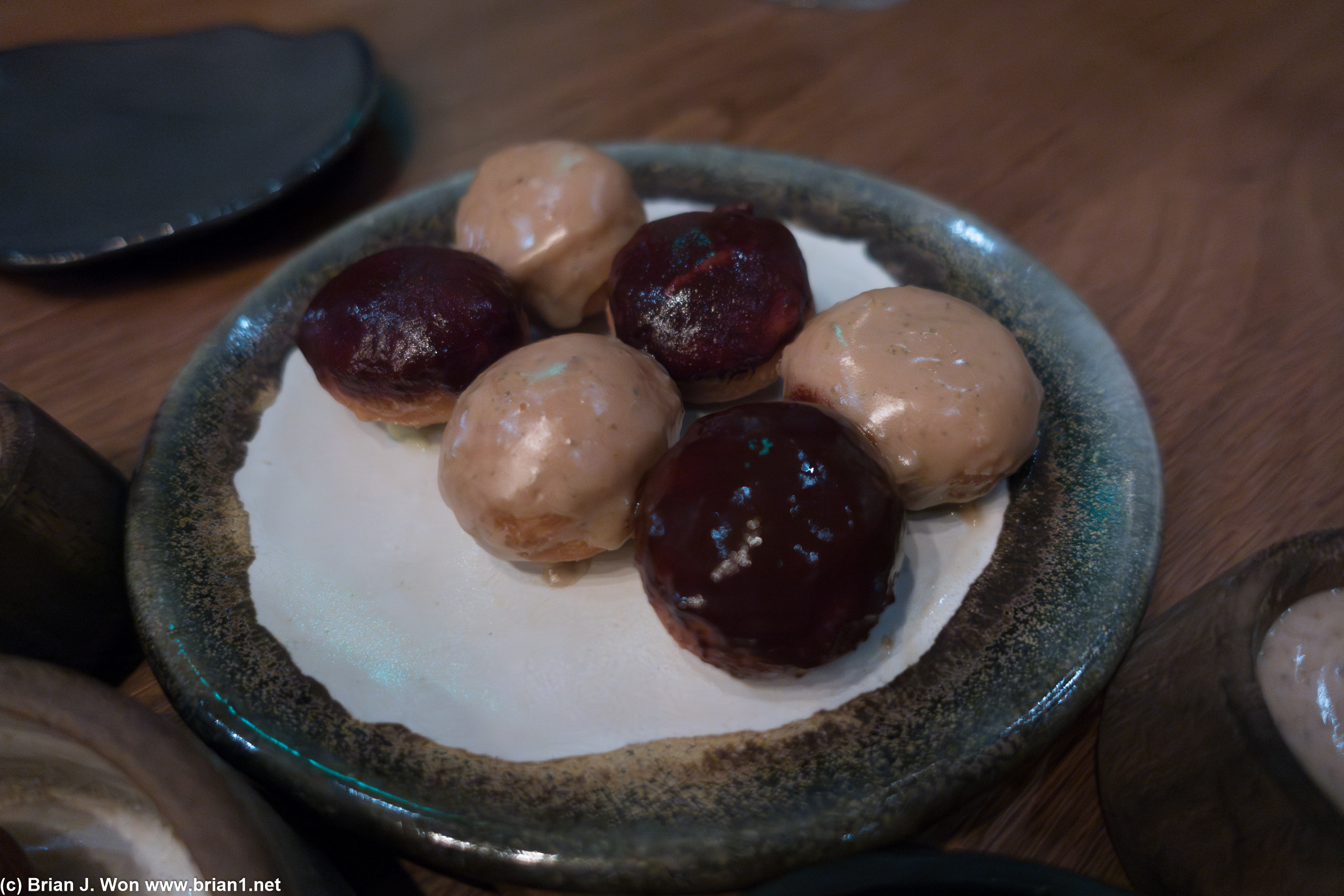 Potato donuts: maple, fir, and stone fruit. Huckleberry, banana, and avocado.