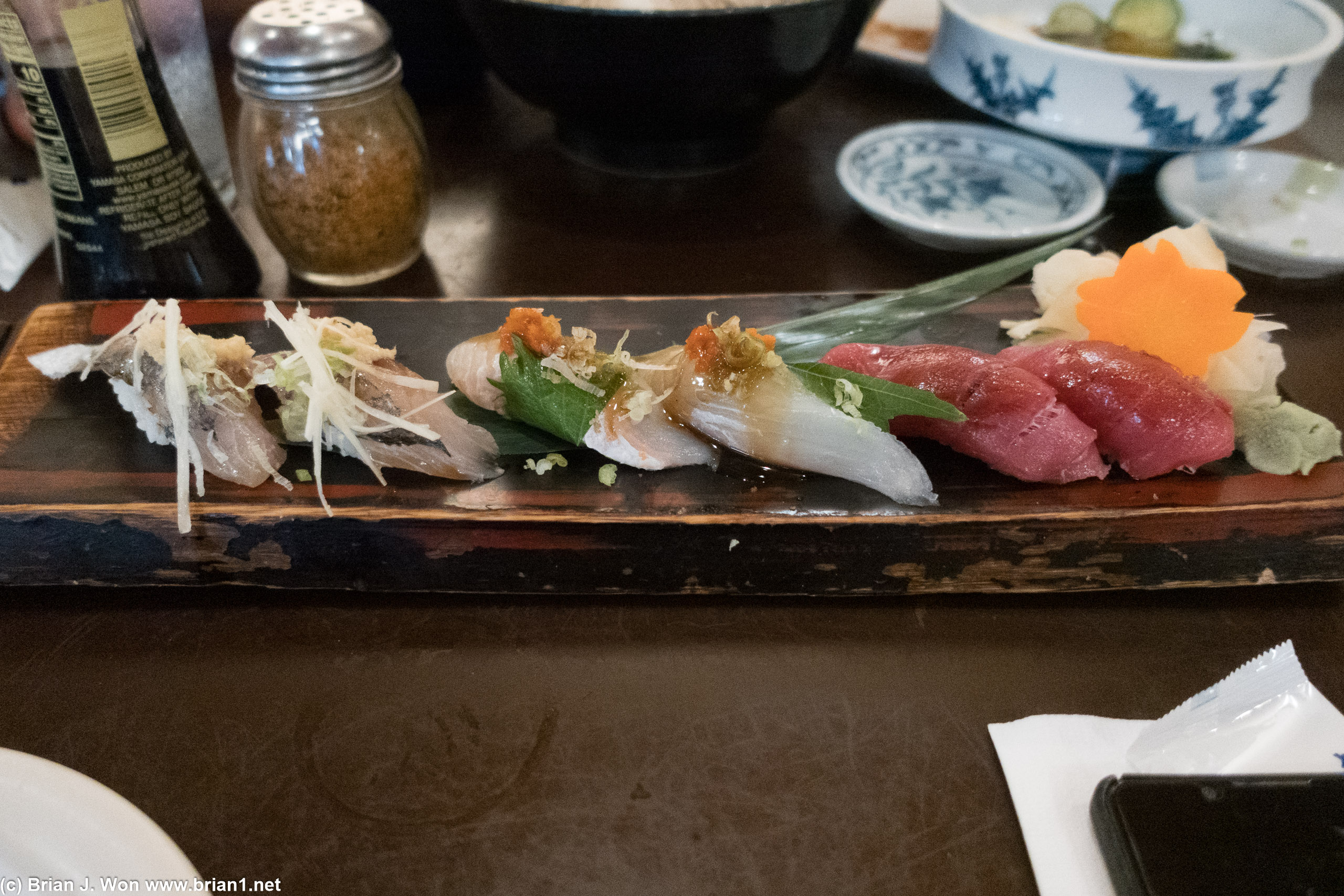 Japanese aji (Spanish mackerel), hirame (halibut), maguro (Bluefin tuna).