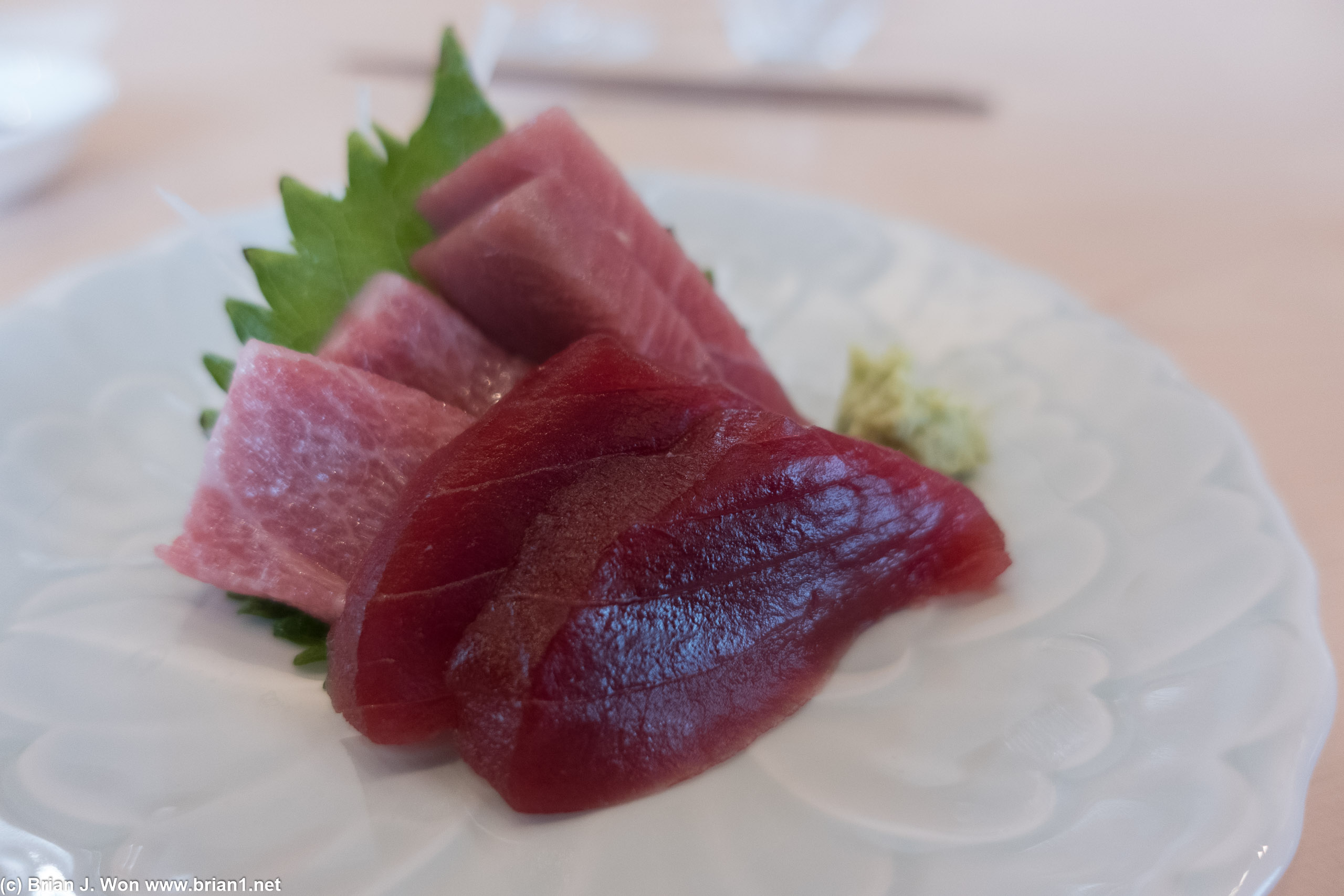 First course is 7 day dry aged sashimi, akami, chutoro, otoro.