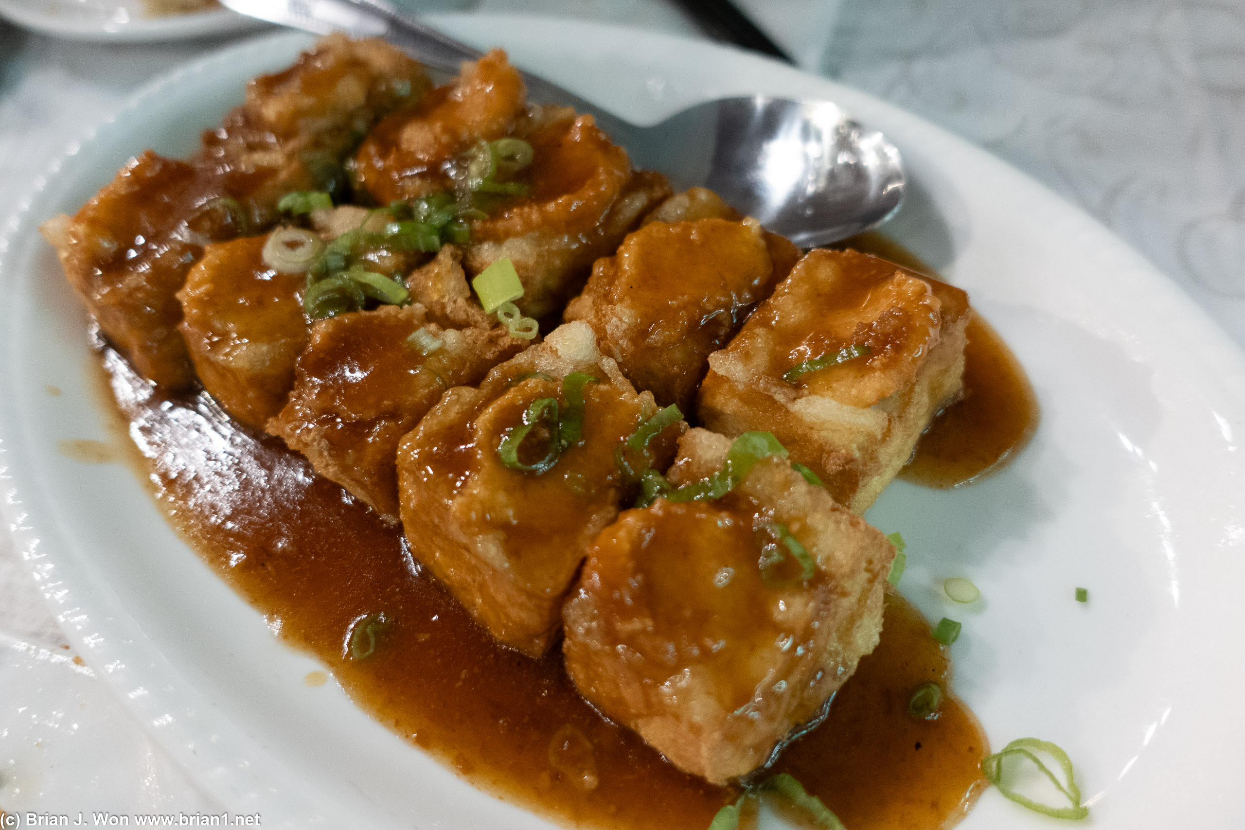 Shrimp-stuffed tofu. Subtle but delicious.